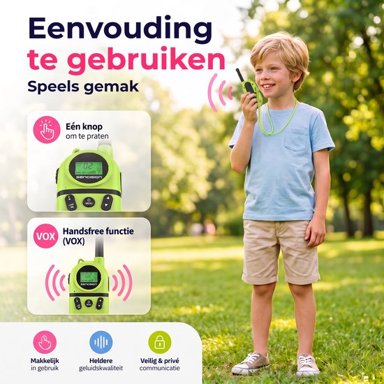 Een jongen met een walkie talkie in een tuin. De tekst 'Eenvoudig te gebruiken' staat in beeld.