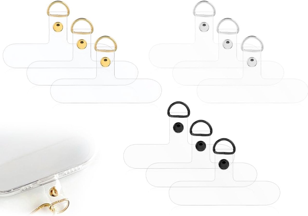 9 stuks mobiele telefoonkoord-pads, zonder lijm, transparant, universele telefoonketting, sleutelband, patch met metalen ring, duurzaam telefoonkoord, accessoires, voor de meeste smartphones