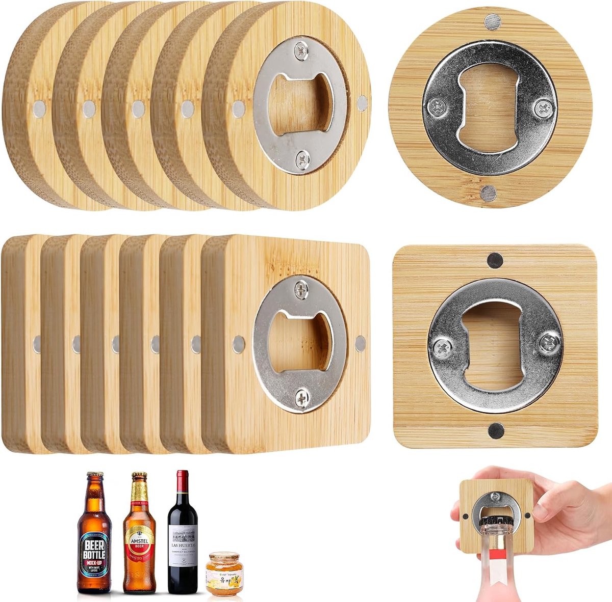 Flesopener hout: PRITOK 12 stuks Bieropeners Twee vormen, Flesopener, Flesopener van roestvrij staal Bamboe met Veldverzwakking, Flesopener Gepersonaliseerd Geweldig Cadeau voor Mannen