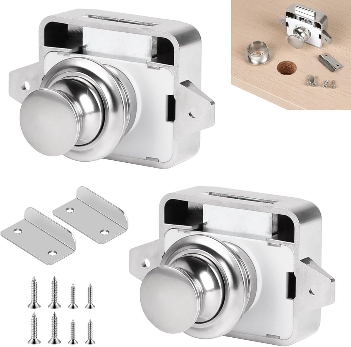 Set van 2 metalen sleutelvrije drukknopsloten voor motorhome en caravan - Geschikt voor 15-18mm deuren, ideaal voor kasten, campers en boten