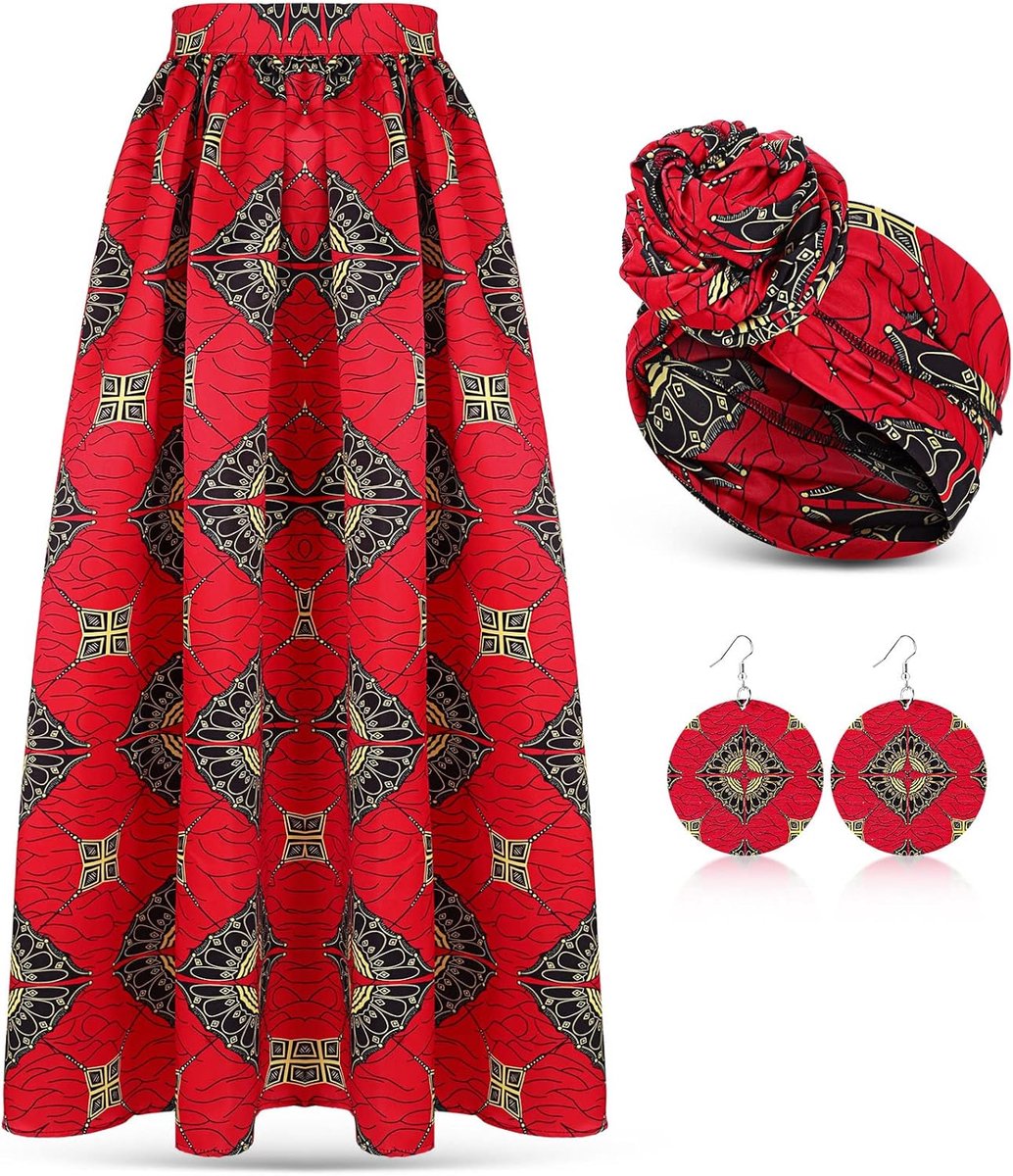 3 stuks Afrikaanse rok voor dames, bedrukt, maxirok, lange rok met zakken, boho-stijl, casual jurk, hoofdwikkel, sjaal, hangende oorbellen