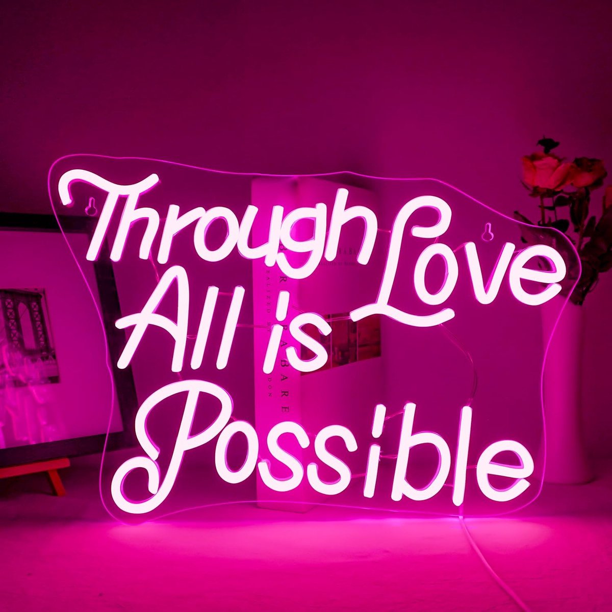 ineonlife Through Love ALL is Possible Neonbord voor wanddecoratie, roze USB led-lichtborden voor slaapkamer, esthetische verjaardag, bruiloft, feest, vriend, vriendin, minnaar kamerdecoratie