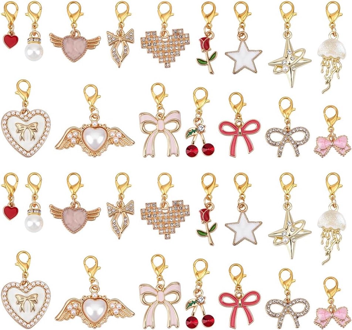 32 stuks 16 stijlen gouden schoendecoraties van legering emaille parel bloem hart vlinderdas hanger met karabijnhaak