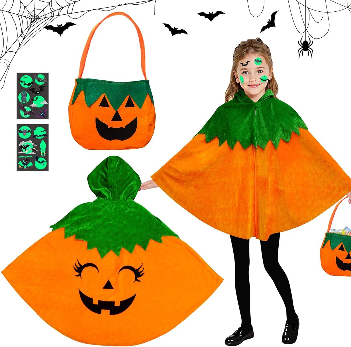4 stuks Halloween pompoenkostuum voor kinderen, pompoencape voor kinderen, pompoenkostuum met pompoenzak, vleermuistatoeages voor Halloween, carnaval, jongens, meisjes, cosplay, podiumprestaties