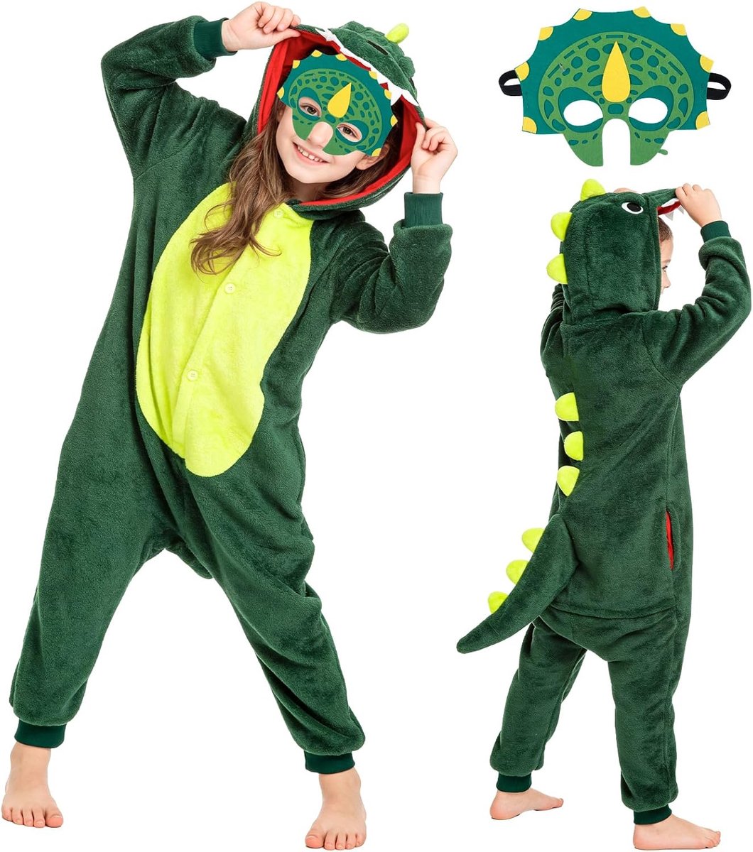 Dierenkostuum voor kinderen, pyjama, dieren, overall, onesie, dieren, overall, uniseks, carnavalskostuum, kleding voor kinderen, cosplay, Halloween, Kerstmis (leeuw/dinosaurus)