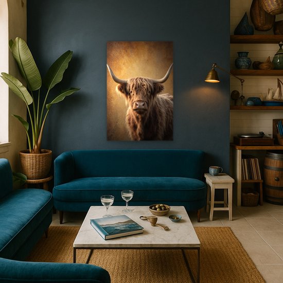Canvas schilderij van een Schotse hooglander boven een blauwe bank in een sfeervol ingerichte kamer.