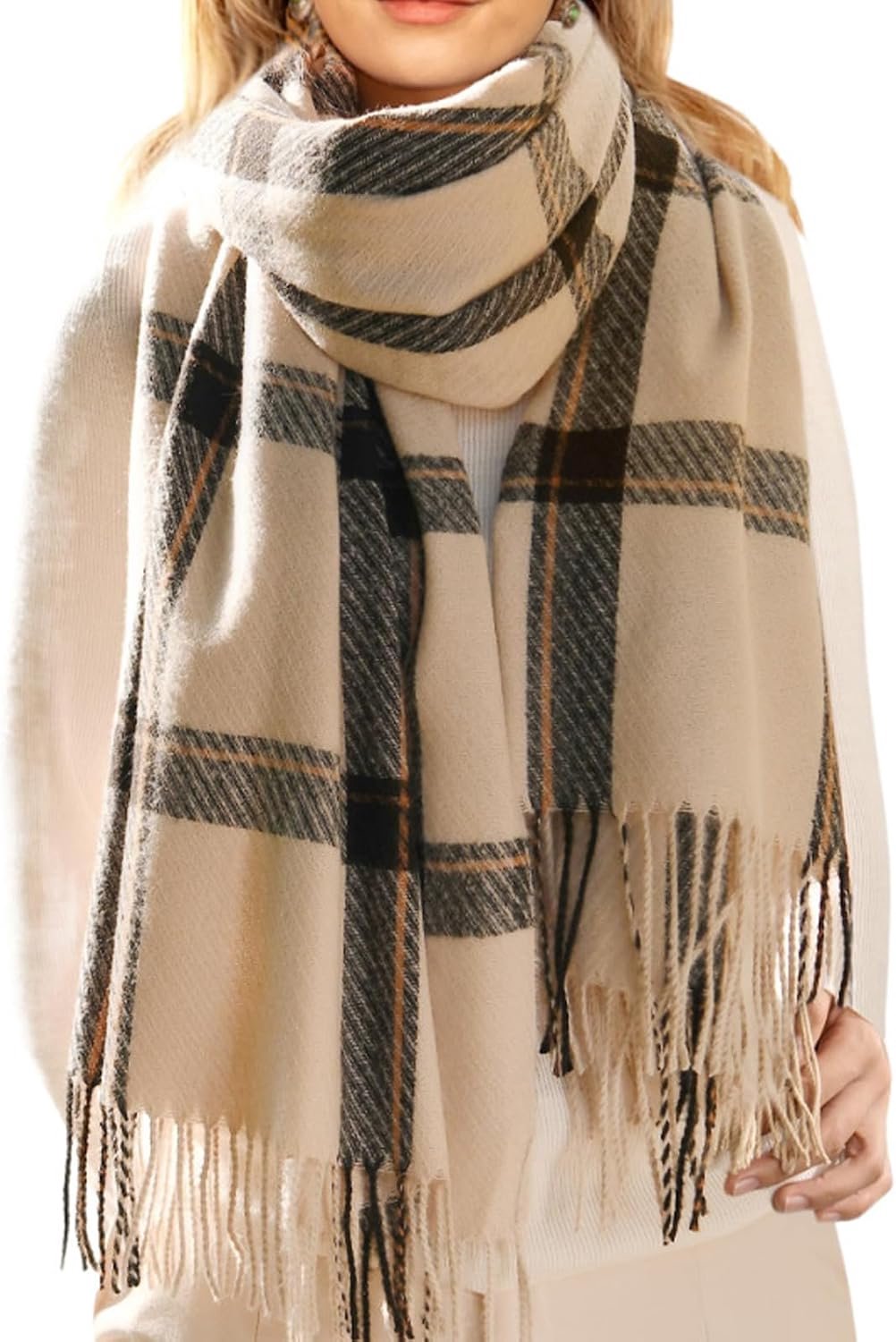 JFAN Women's Winter Scarf Elegant Pashmina Warm Cashmere Long Large Checked Scarf - ShopVlot