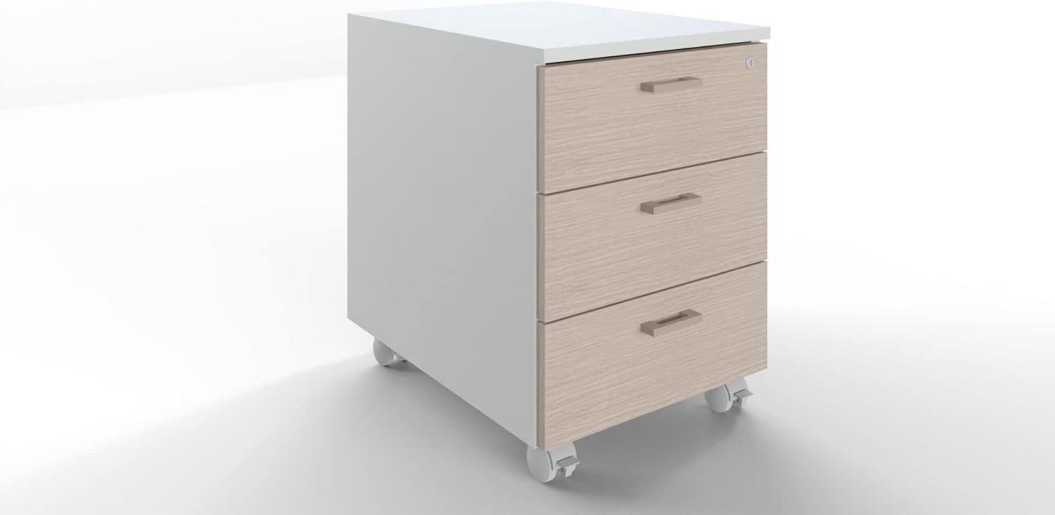FBasic Wooden chest of drawers on wheels 3 drawers with lock - white oak - 42x55x57cm - ShopVlot