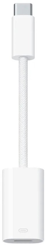 Witte USB-C naar Lightning-adapter met een gevlochten kabel.