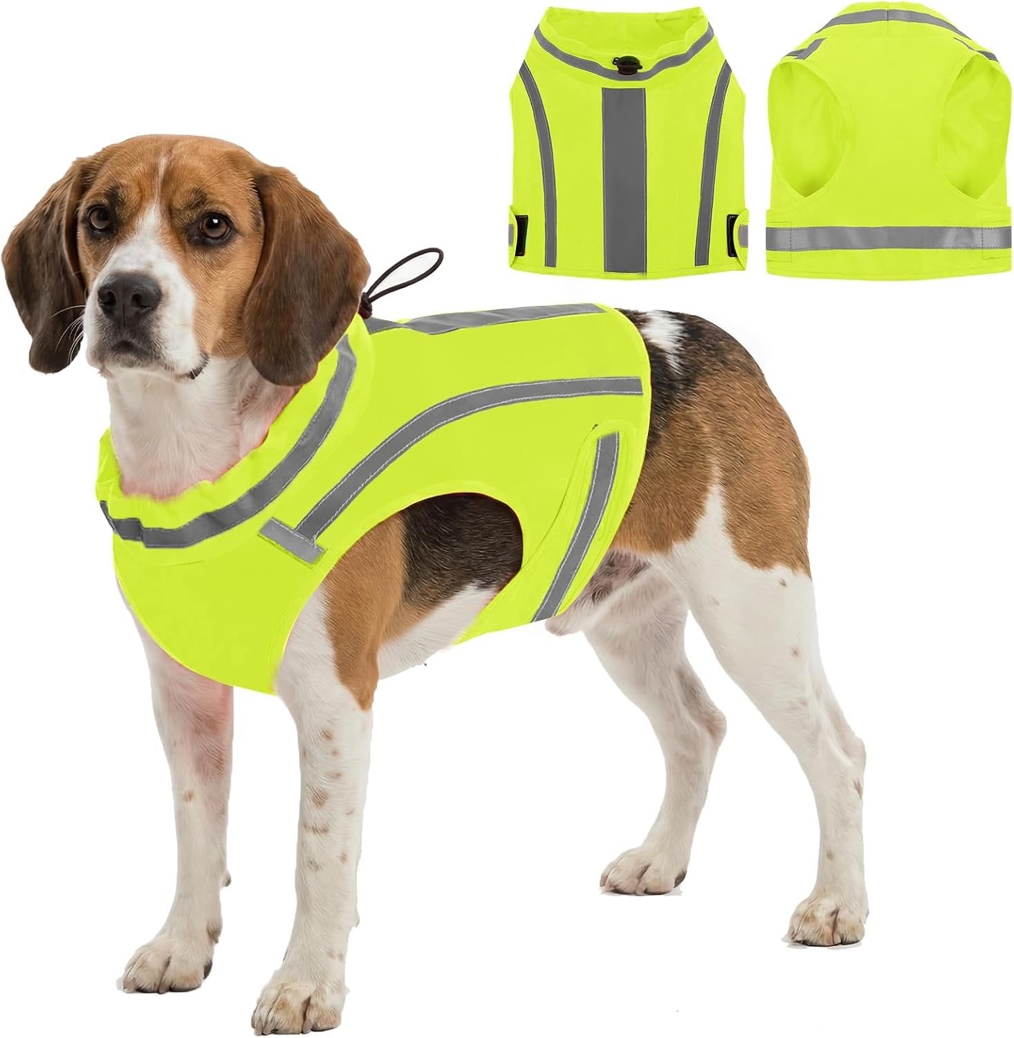Veiligheidsvest voor honden in neongeel met reflecterende elementen, ideaal voor zichtbaarheid en veiligheid tijdens wandelingen