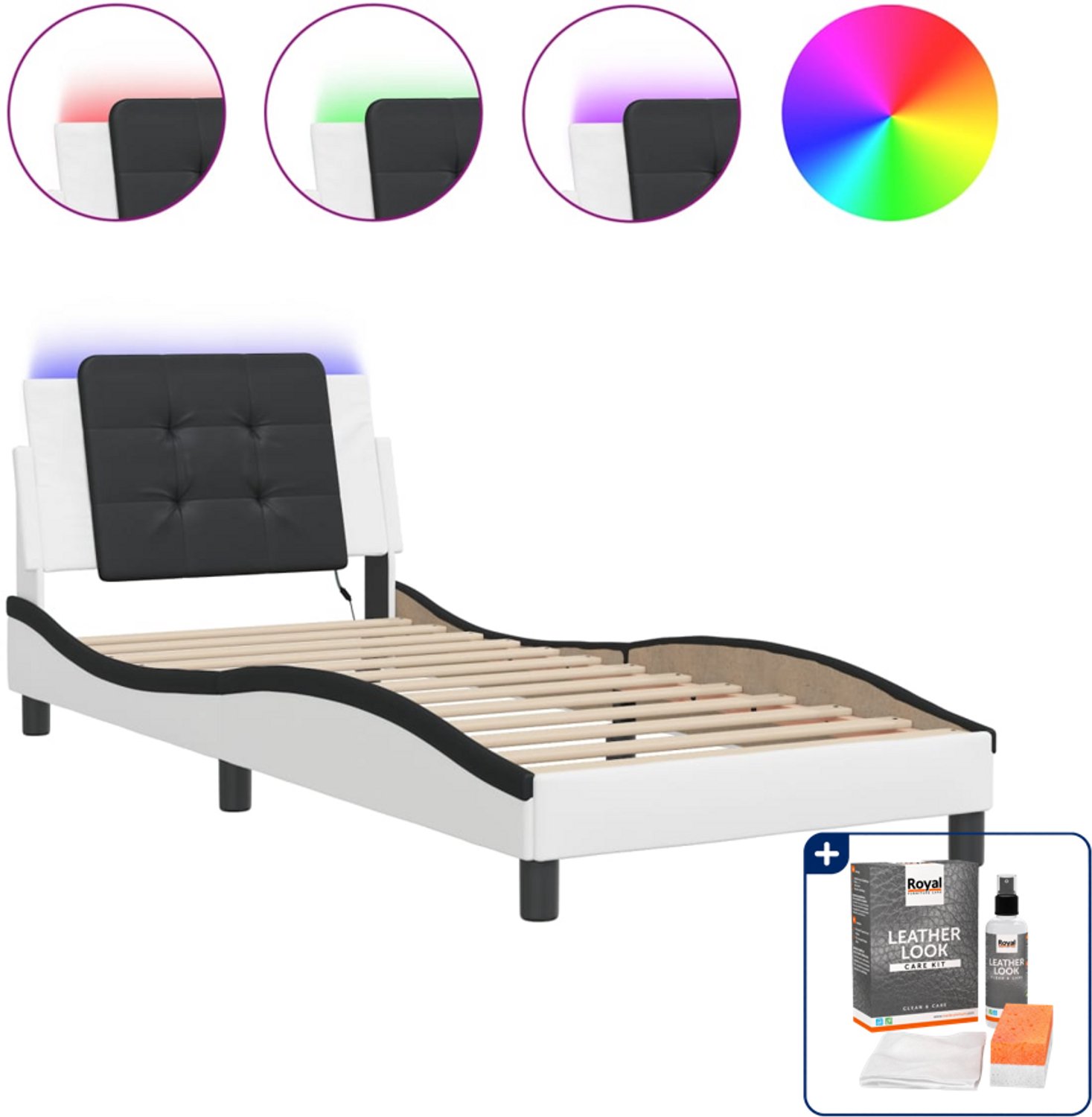 vidaXL Zadar bedframe met LED - 90 x 200 cm - wit en zwart - Inclusief onderhoudsset voor kunstleer 150 ml