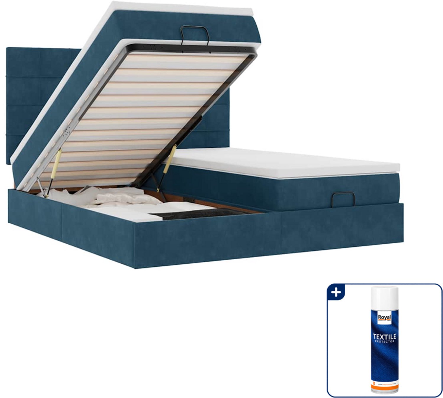 vidaXL Queensize ottoman bed met matras en led - 160 x 200 cm - blauw - Inclusief textielbeschermer 500 ml