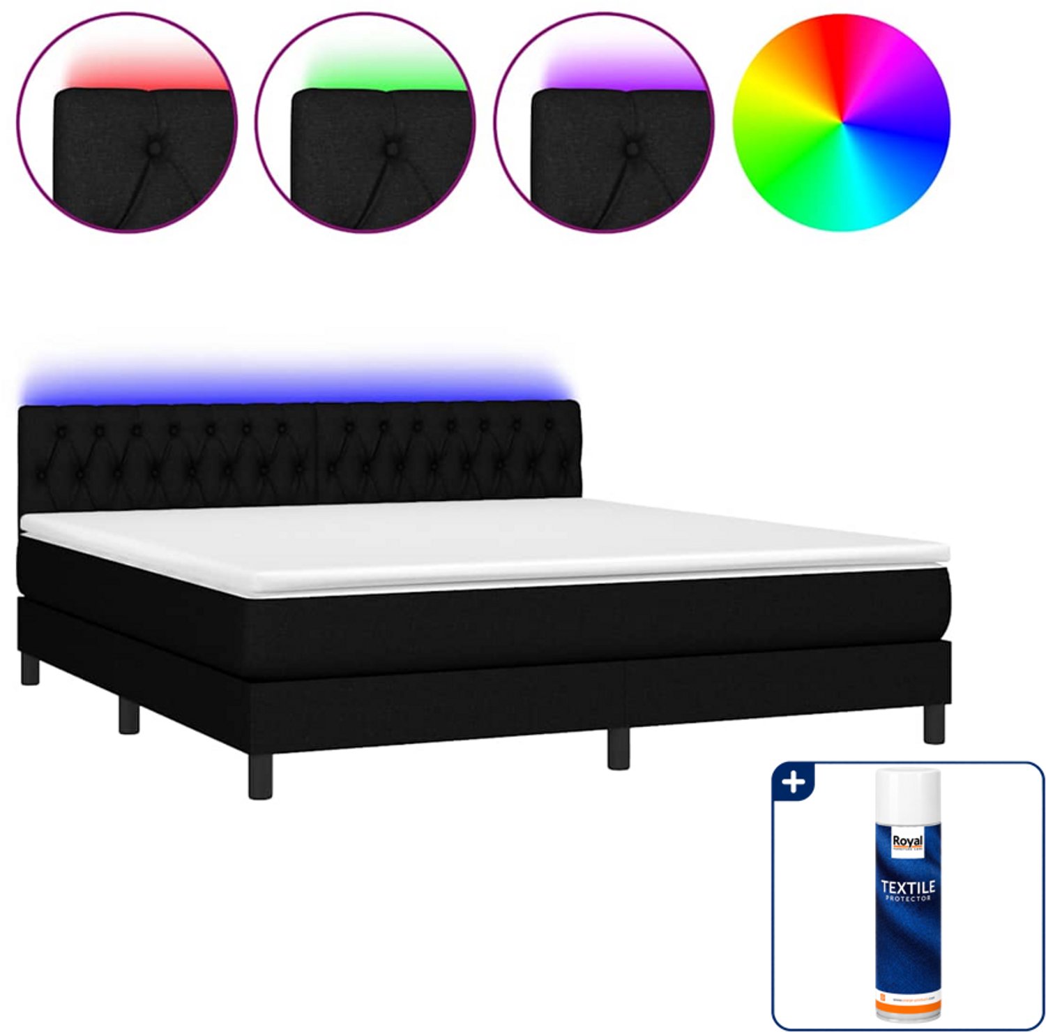 vidaXL Kingsize boxspring met matras en LED - 180 x 200 cm - zwart - Inclusief textielbeschermer 500 ml