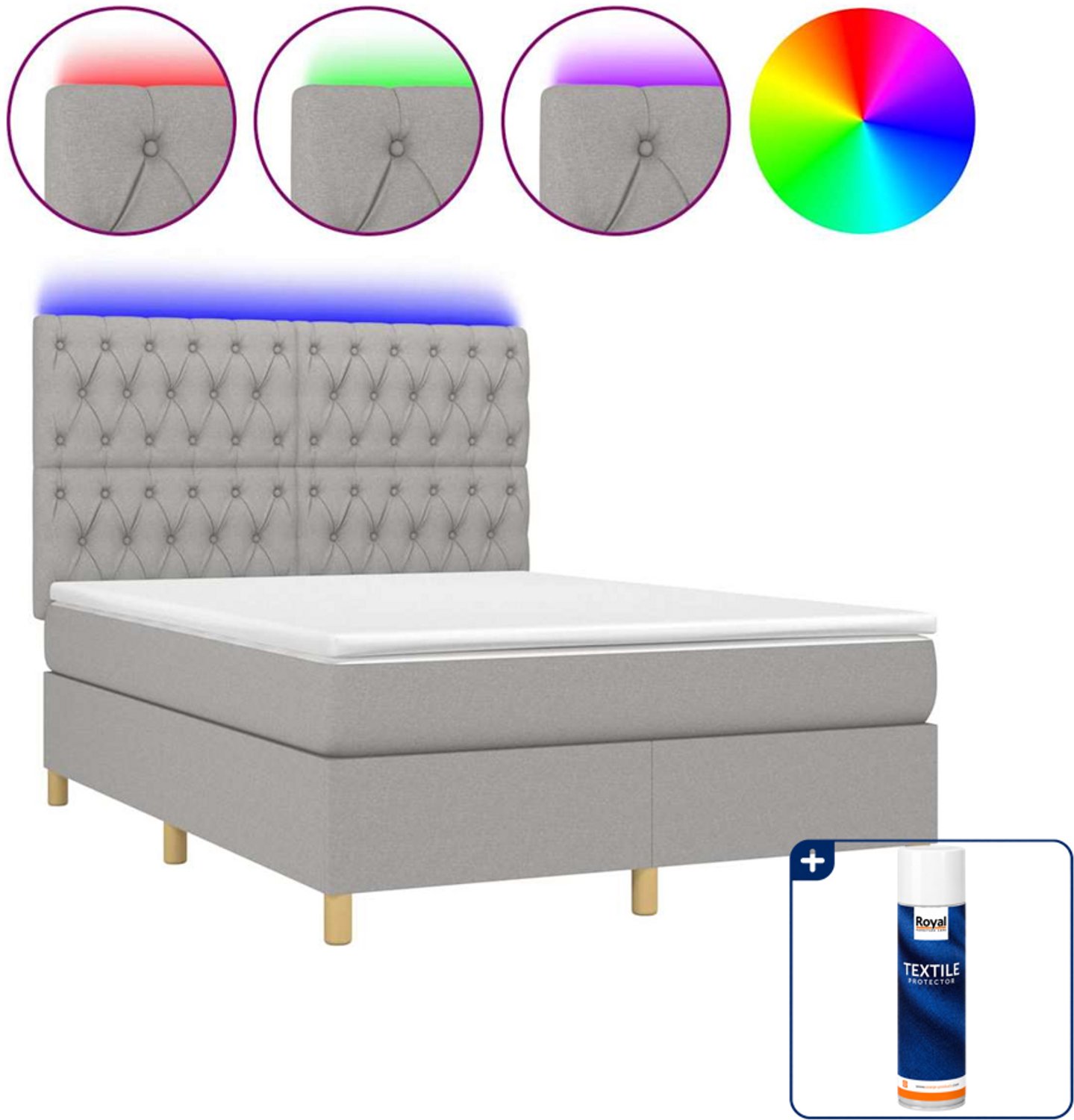 vidaXL boxspring met matras en LED - 140 x 190 cm - lichtgrijs - Inclusief textielbeschermer 500 ml