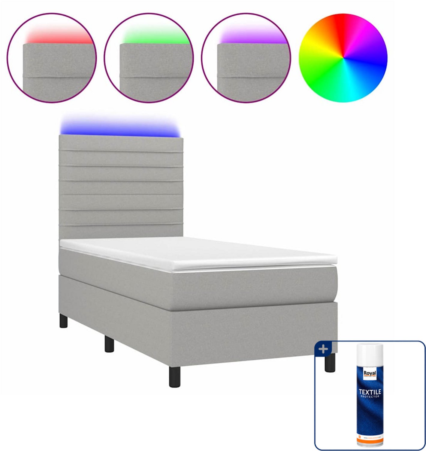 vidaXL Boxspring met matras en LED - 90 x 200 cm - lichtgrijs - Inclusief textielbeschermer 500 ml