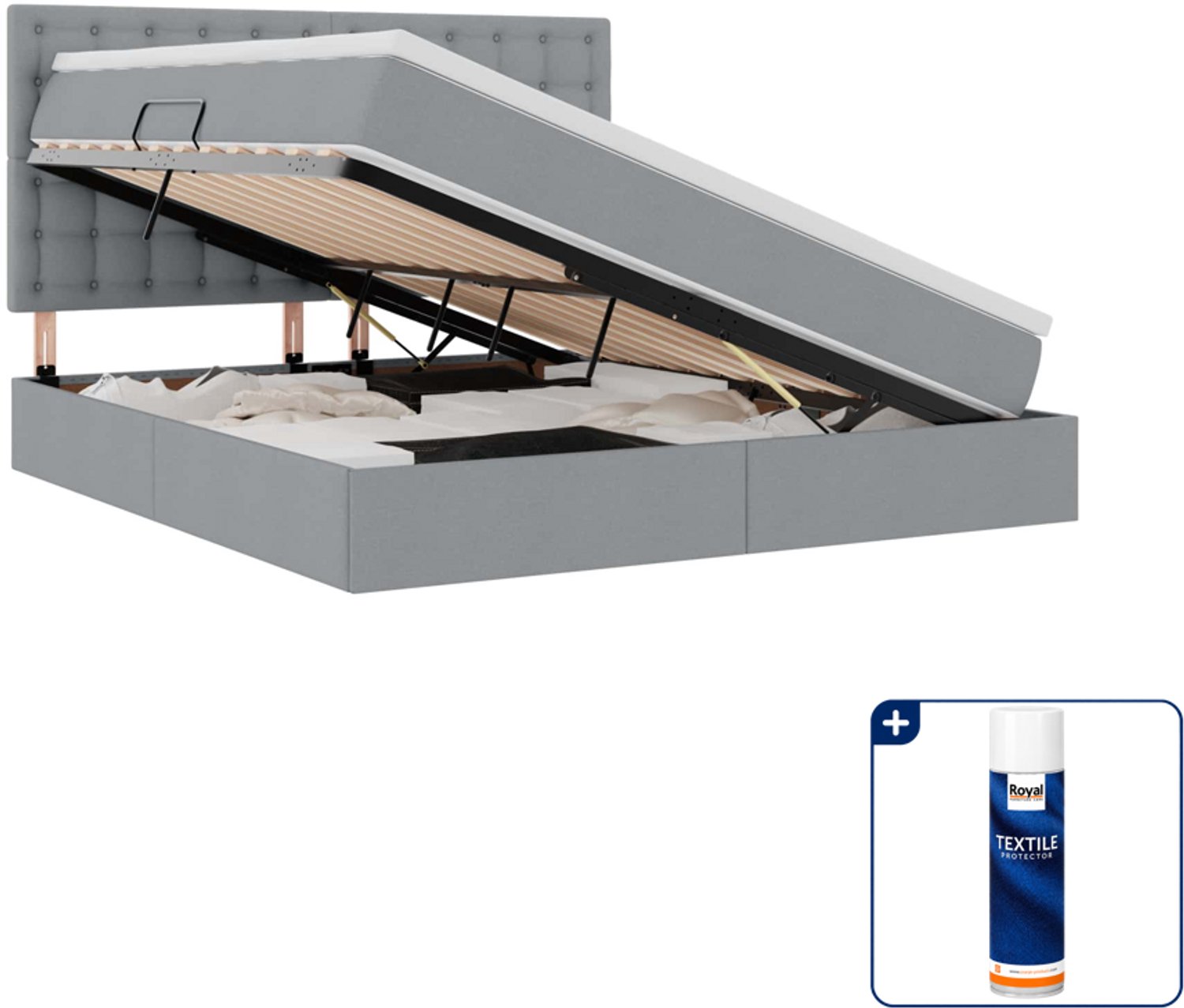vidaXL opbergbed met matras - Queensize - 160 x 200 cm - lichtgrijs - Inclusief textielbeschermer 500 ml Bruin