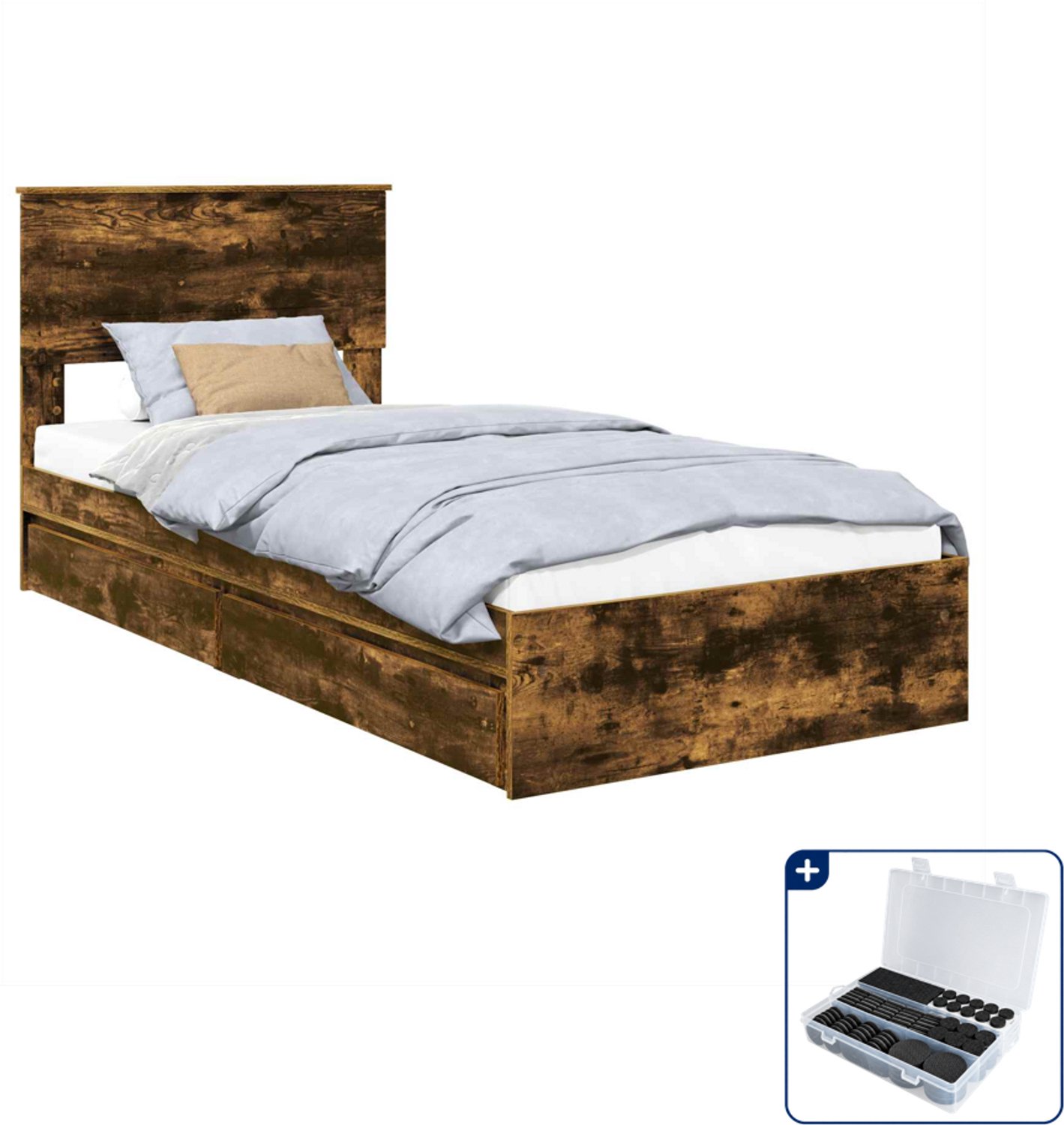 vidaXL bedframe - 75 x 190 cm - bewerkt hout - gerookt eiken - Inclusief antikrasvilt 177-delig Bruin
