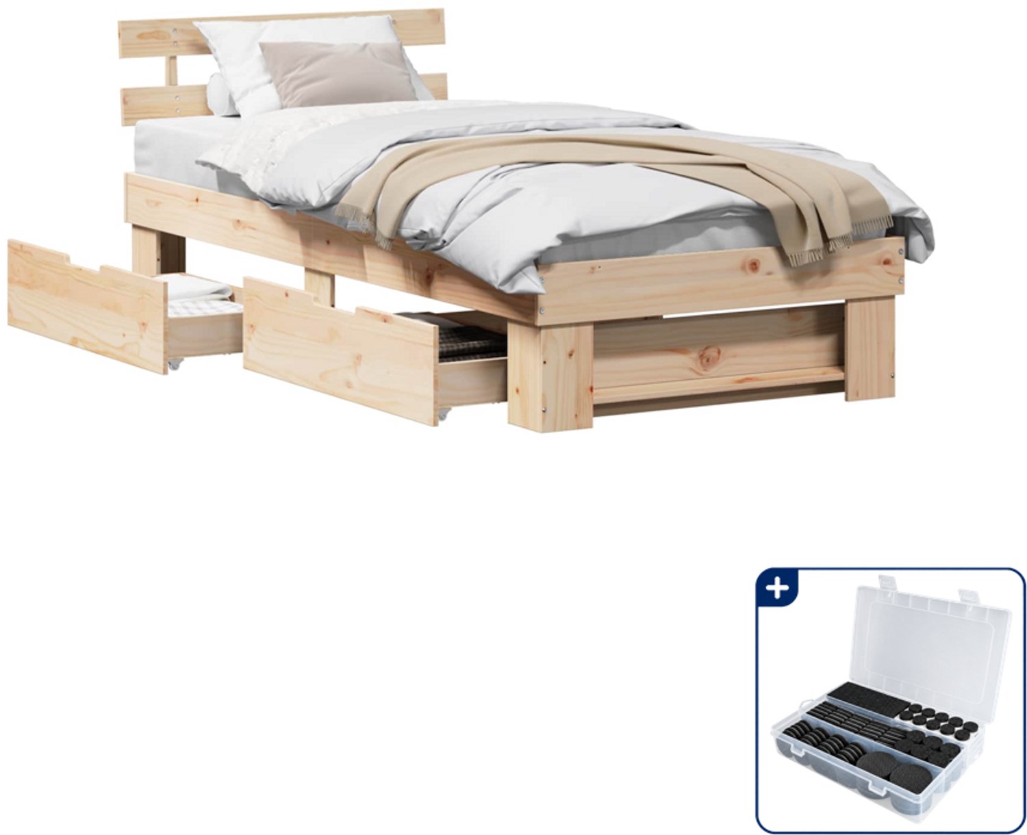 vidaXL bedframe met hoofdeinde en lades - 80 x 200 cm - grenenhout - Inclusief antikrasvilt 177-delig Bruin