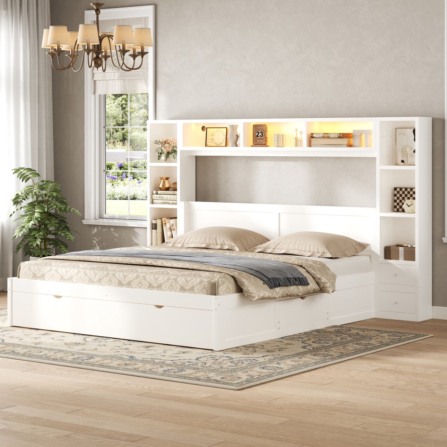 MODFU Bedframe - 7 Lades - Opbergvakken - Ledverlichting - MDF En Multiplex - Wit - 140 X 200 Cm