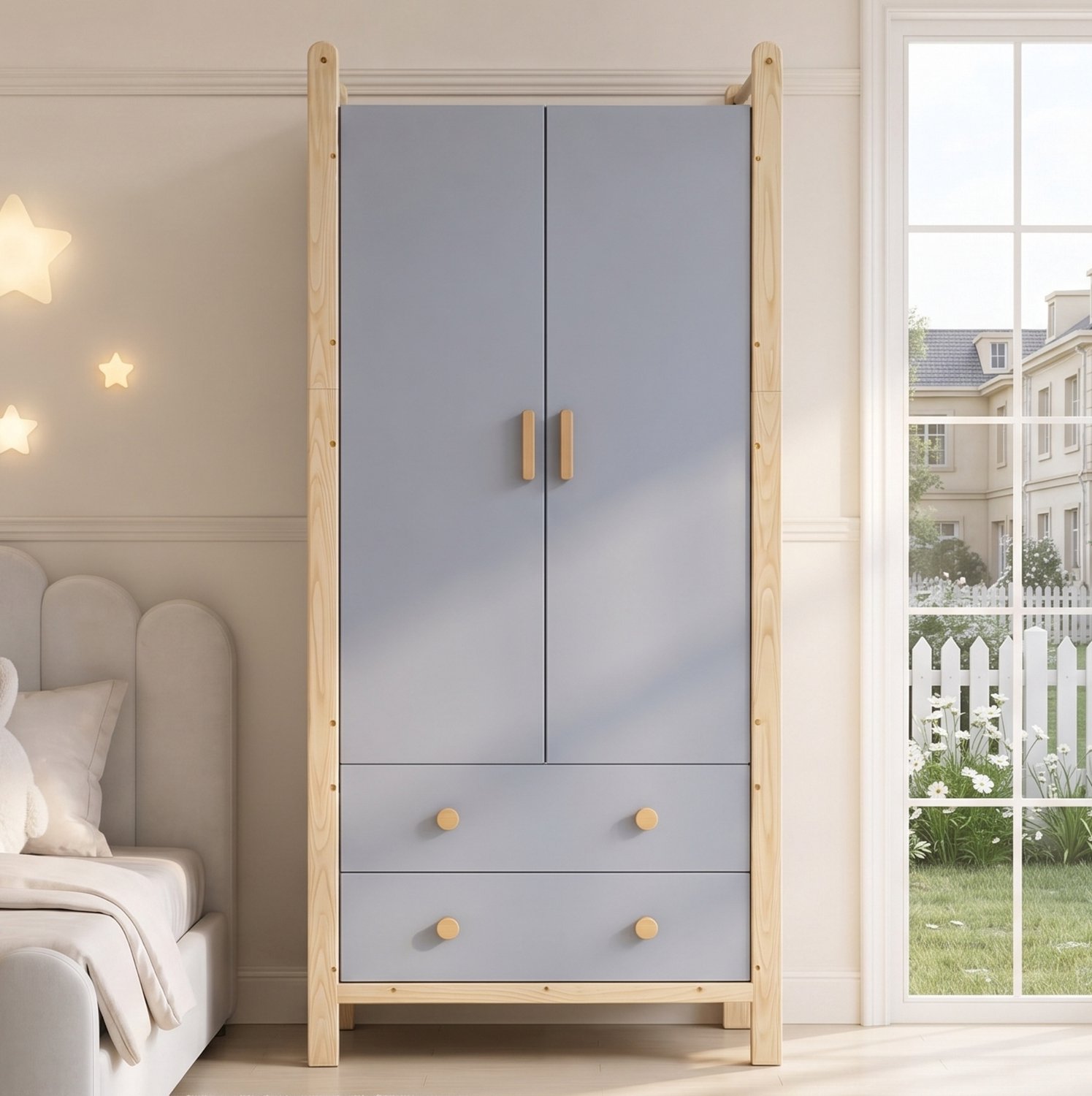 HAUSS SPOLE Kledingkast - 2 Deuren En 2 Lades Met Kledingroede - Voor Slaapkamer, Kinderkamer En Hal - Spaanplaat En Hout - Blauw - 90x45x180 Cm Blauw en naturel houtkleur