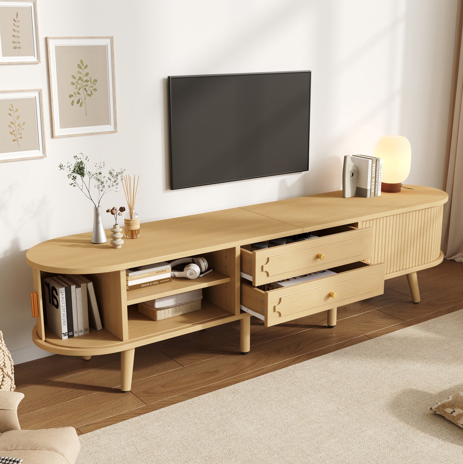 FloraGrace Tv-Meubel - 2 Lades en 2 Schuifdeuren - Verstelbare Planken voor de Woonkamer - MDF en Hout - Naturel - 170x40x43 cm