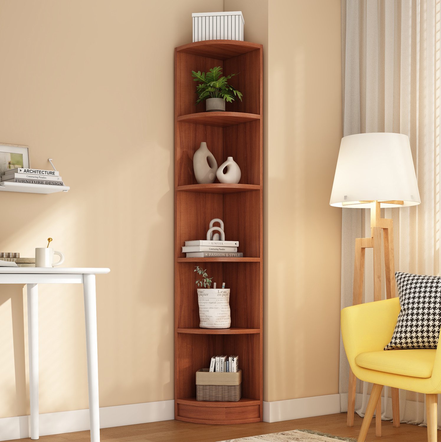 DESMIU Hoekboekenkast - Vijf Legniveaus Met Lade - Ruimtebesparende Opberging Voor Woonkamer en Werkkamer - MDF in Walnootkleur - 42 x 30 x 180 Cm