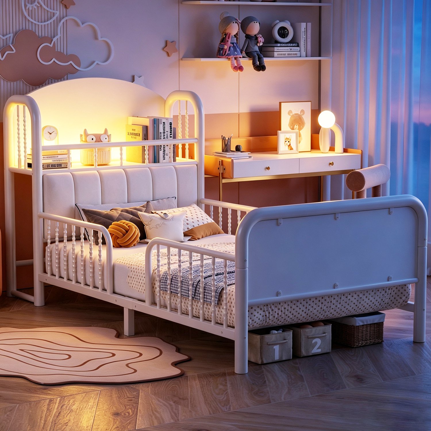 MODFU Kinderbed - Veiligheidshek - Opbergvak En Ledverlichting - Metaal - Wit - 90 x 200 cm