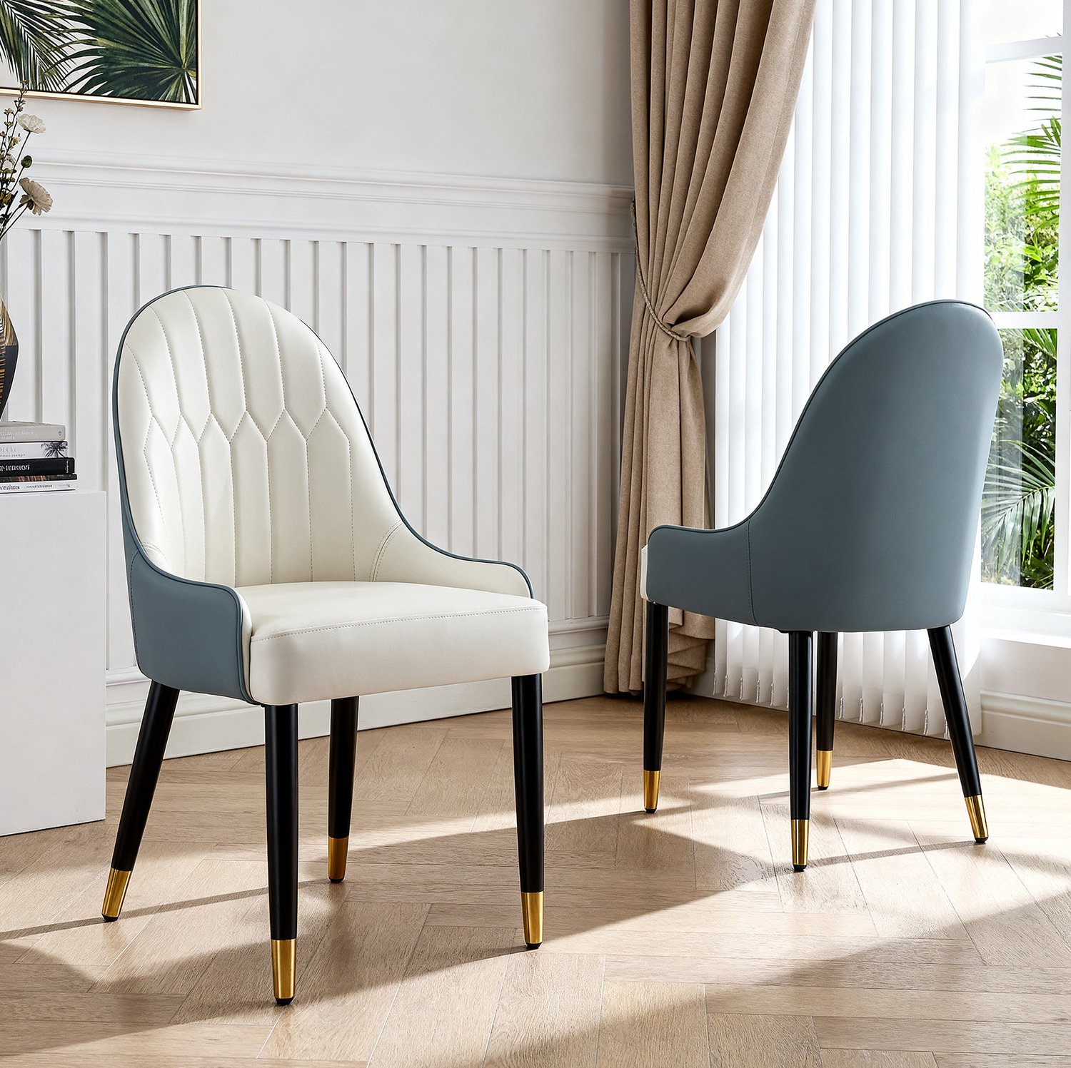 HAUSS SPOLE Eetkamerstoelen - Set van 2 - Gestoffeerd met Gebogen Rugleuning en Armleuningen - Voor Eetkamer en Keuken - Kunstleer - Wit en Blauw