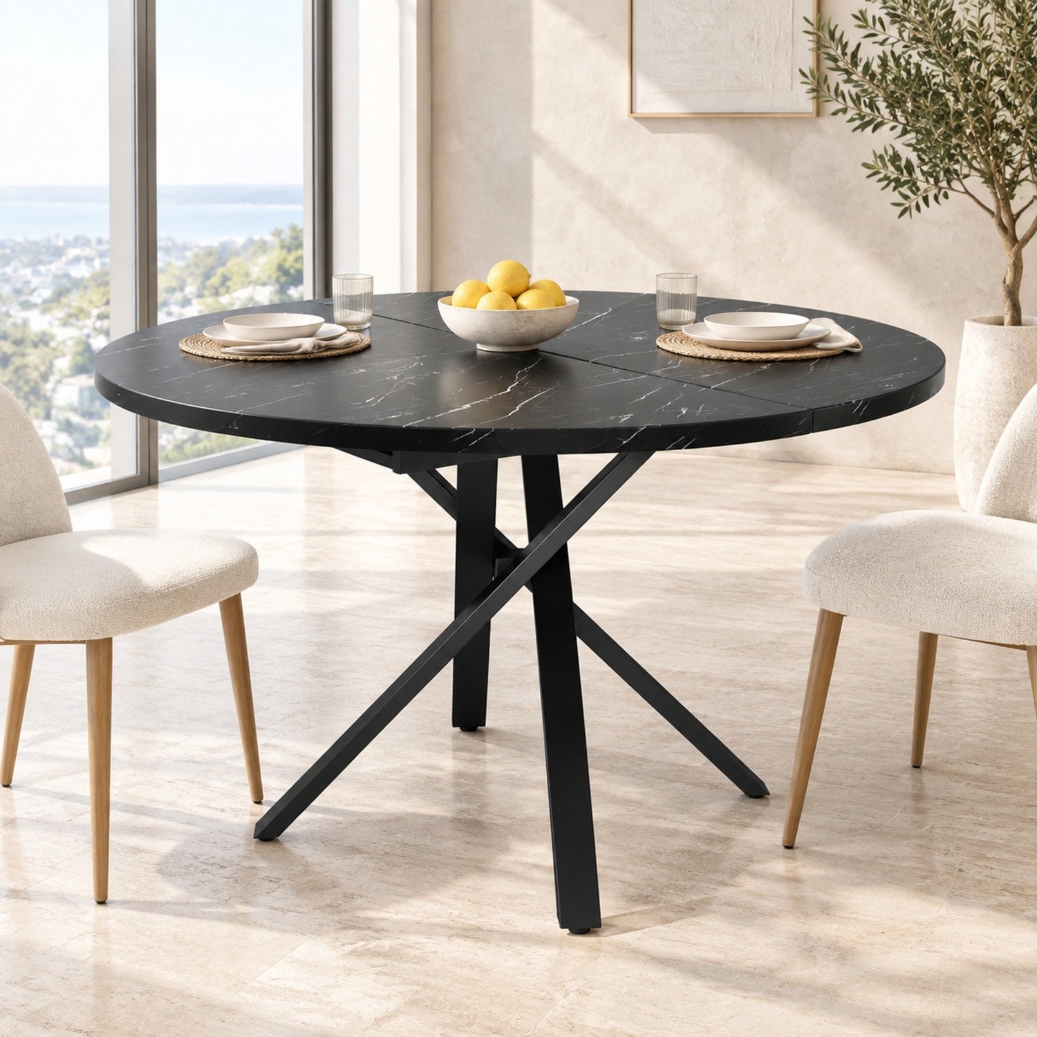 Maisentiel Uitschuifbare eettafel met marmerlook – 100 tot 140 cm – zwart metalen X-onderstel