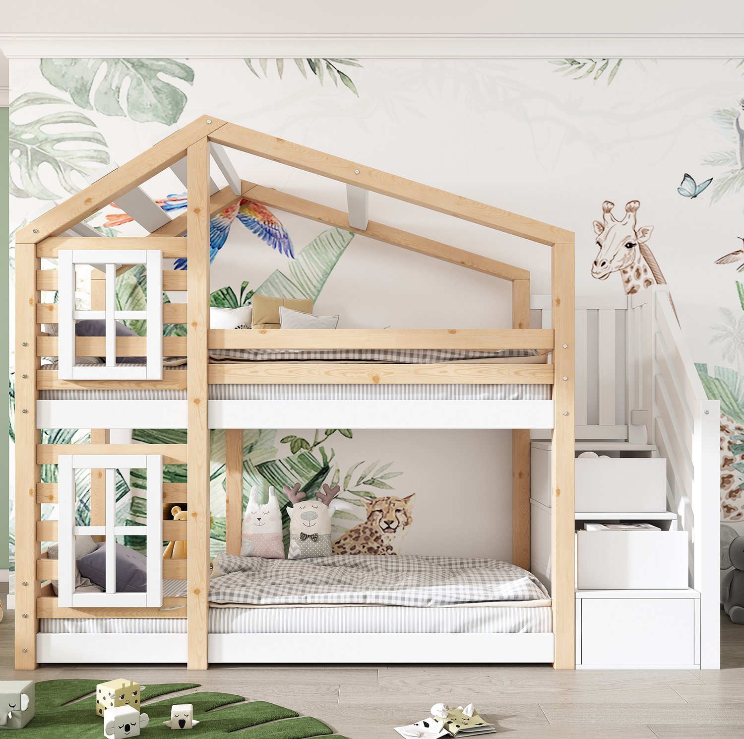 Maisentiel Kinderstapelbed 90 x 200 cm - boomhut met opbergtrap - naturel en wit