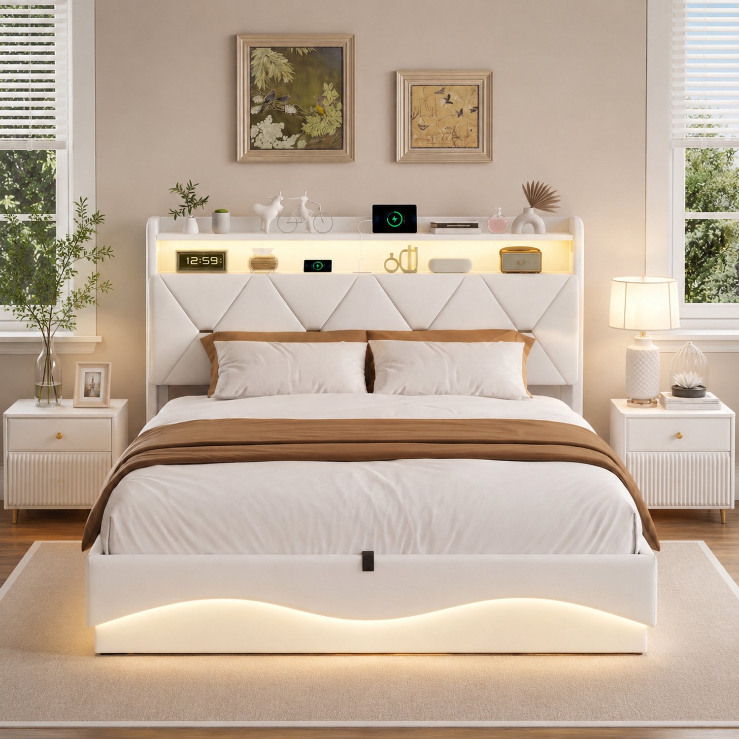Yelenaro Gestoffeerd bed 160x200 cm met LED-Verlichting en USB-Aansluitingen, Hydraulisch Opbergbed, Fluweel Jugendbett met Opbergruimte in het Hoofdeinde, Beige