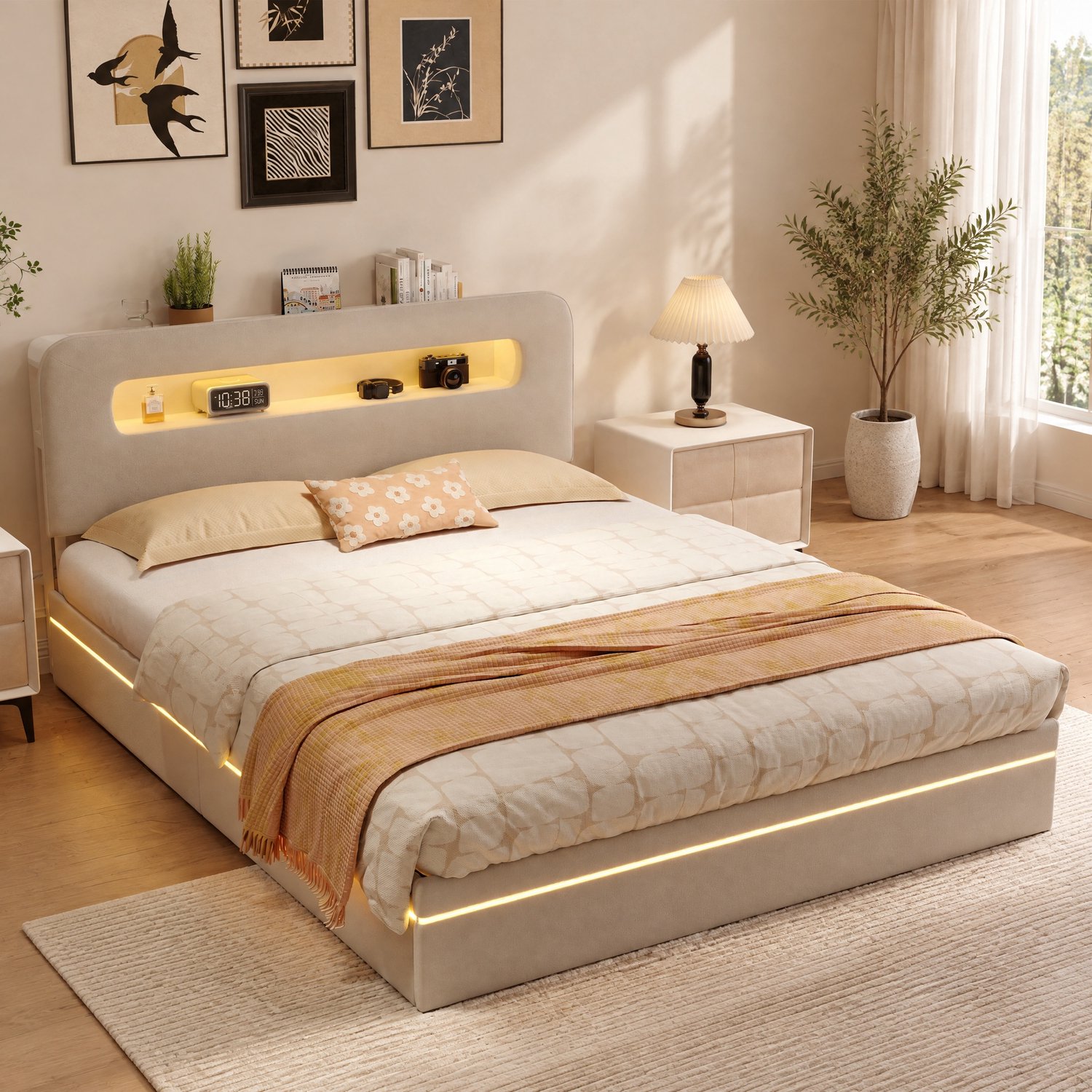 MEXUS Gestoffeerd bed 160x200 cm met LED-Verlichting, Tweepersoonsbed met Opbergruimte en Lattenbodem, Hydraulisch Opbergbed, fluweel, zonder matras, Beige