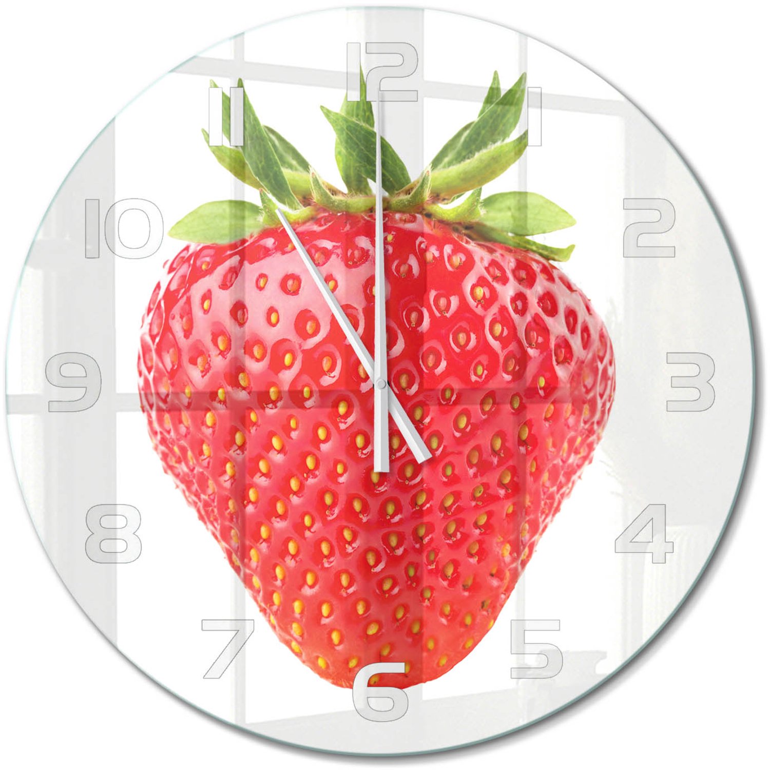 TULUP Wandklok - Aardbei Moderne Wandklok Glas - fi60 cm - Rood Wandklok Glas Decoratie - Witte handen - Ronde Klok - Glazen Wandklok Design - Klok Glas Met Opdruk