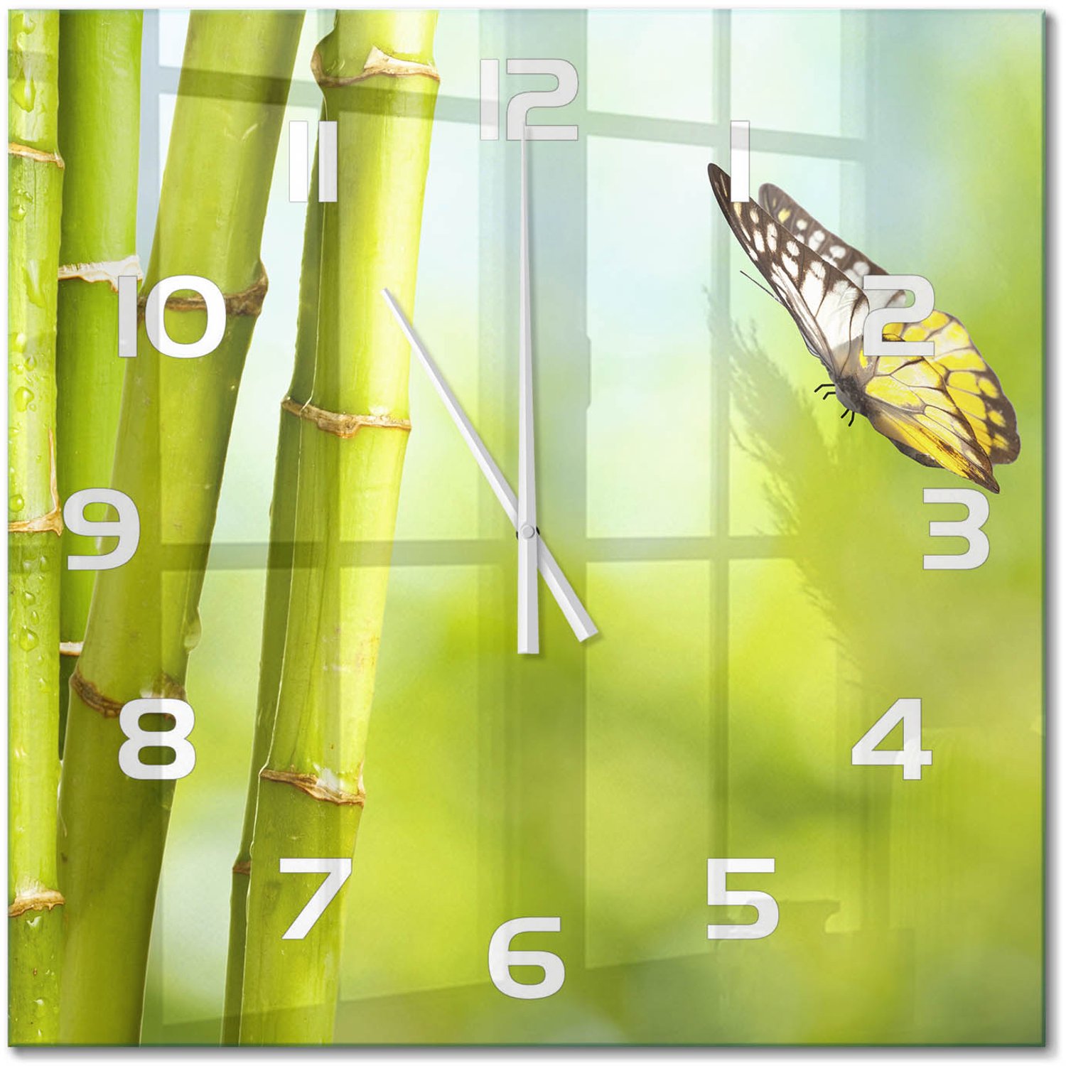 TULUP Wandklok - Bamboe en vlinder Wandklok Glas Met Motief - 60x60 cm - Groente Decoratieve Glazen Klok - Witte handen - Vierkante Klok - Gekleurde Glazen Klok - Glazen Klok Met Print