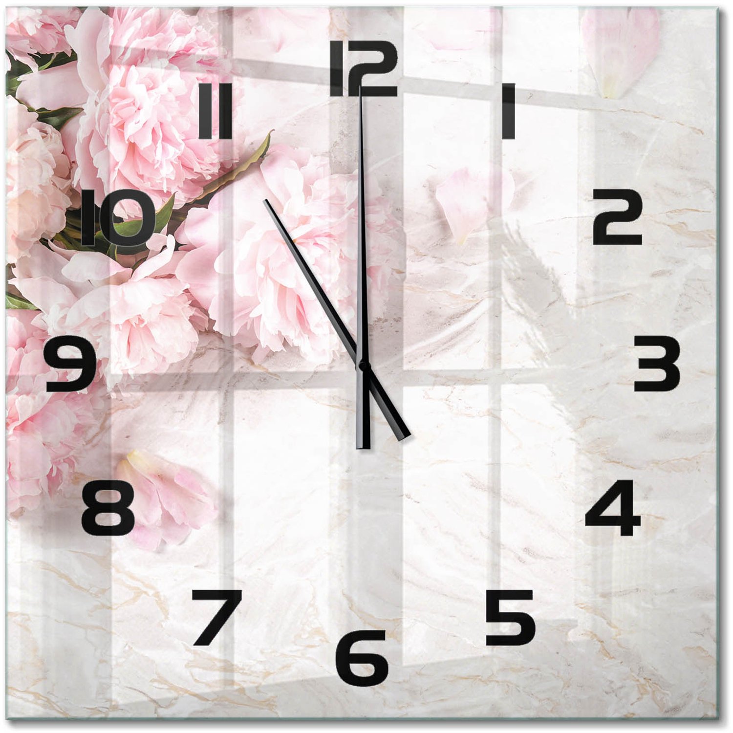 TULUP Wandklok - Pioenrozen Wandklok Glas Met Motief - 60x60 cm - Roze Decoratieve Glazen Klok - Zwarte handen - Vierkante Klok - Gekleurde Glazen Klok - Glazen Klok Met Print