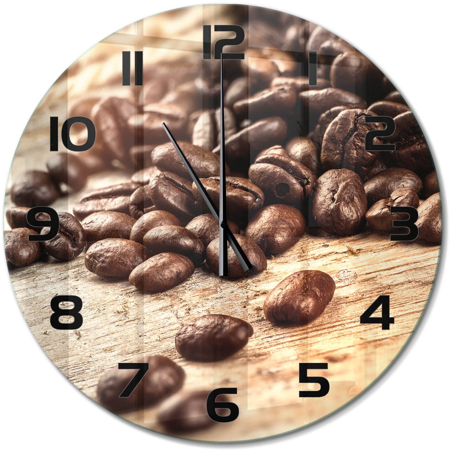 TULUP Wandklok - Koffiebonen Decoratieve Glazen Klok - fi60 cm - Bruin Glazen Wandklok Design - Zwarte handen - Ronde Klok - Glazen Klok Met Print - Wandklok Glas Met Motief