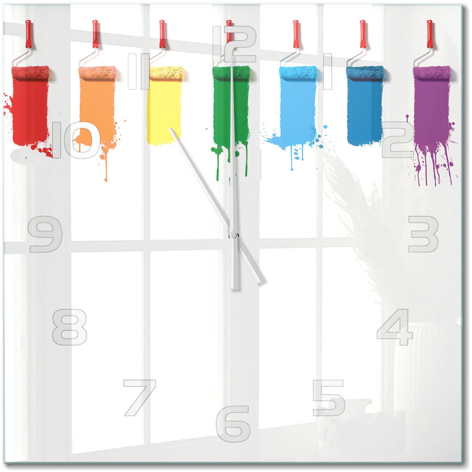 TULUP Wandklok - Verfrollers Gekleurde Glazen Klok - 60x60 cm - Veelkleurig Glazen Klok Met Print - Witte handen - Vierkante Klok - Moderne Wandklok Glas - Wandklok Glas Decoratie