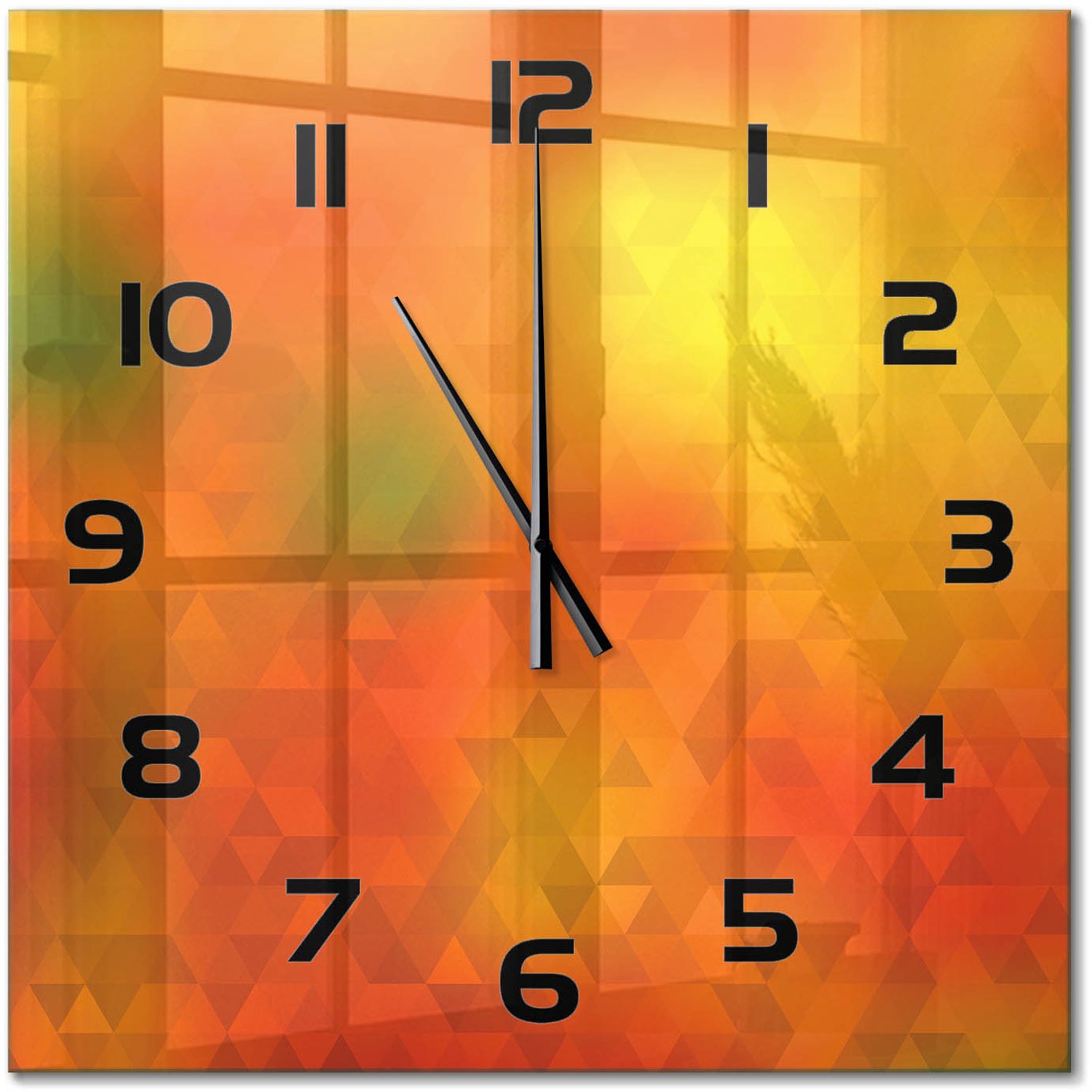 TULUP Wandklok - Driehoeken van abstractie Moderne Wandklok Glas - 60x60 cm - Oranje Wandklok Glas Decoratie - Zwarte handen - Vierkante Klok - Glazen Wandklok Design - Klok Glas Met Opdruk