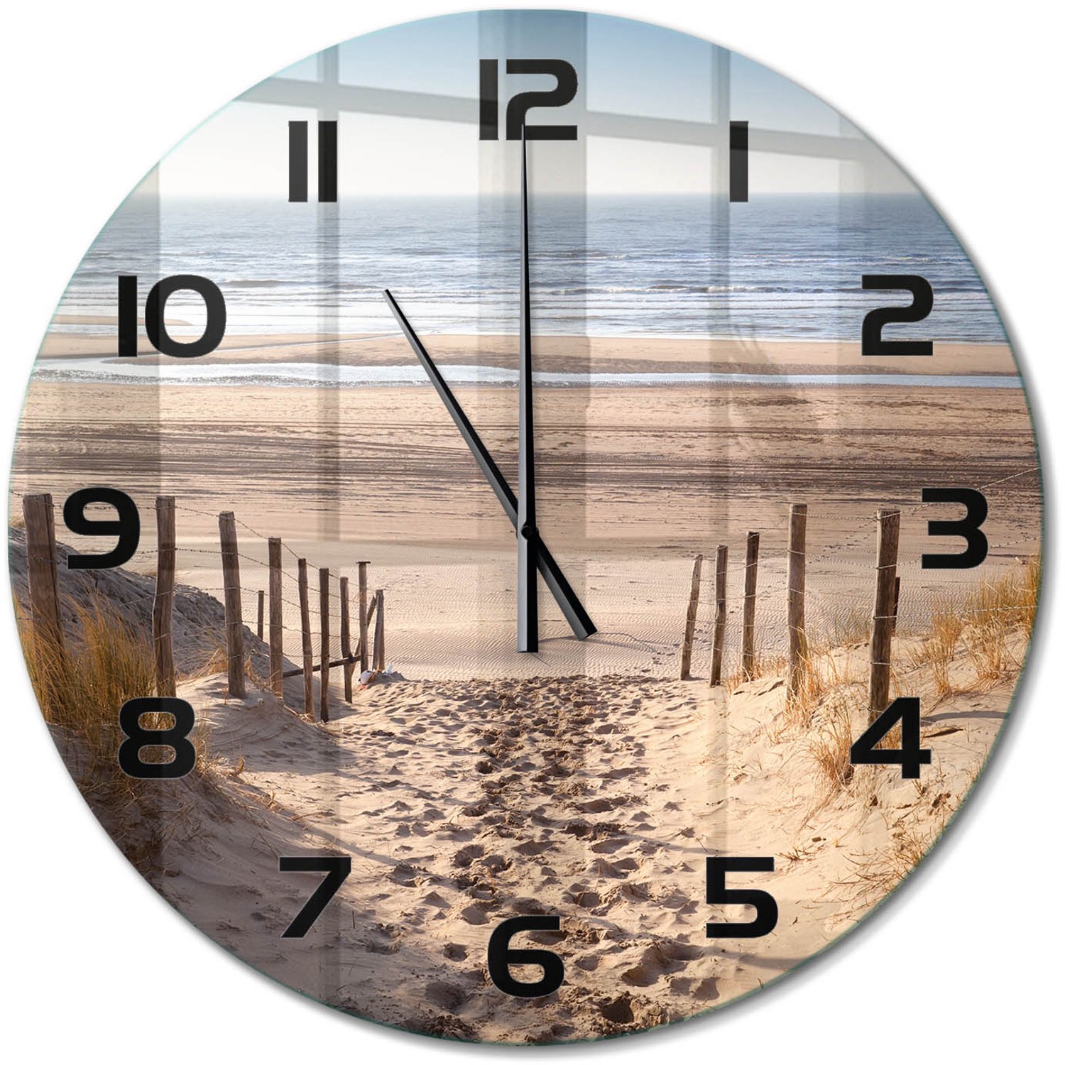 TULUP Wandklok - Kustduinen Glazen Klok Met Print - fi60 cm - Beige Wandklok Glas Met Motief - Zwarte handen - Ronde Klok - Wandklok Glas Decoratie - Gekleurde Glazen Klok