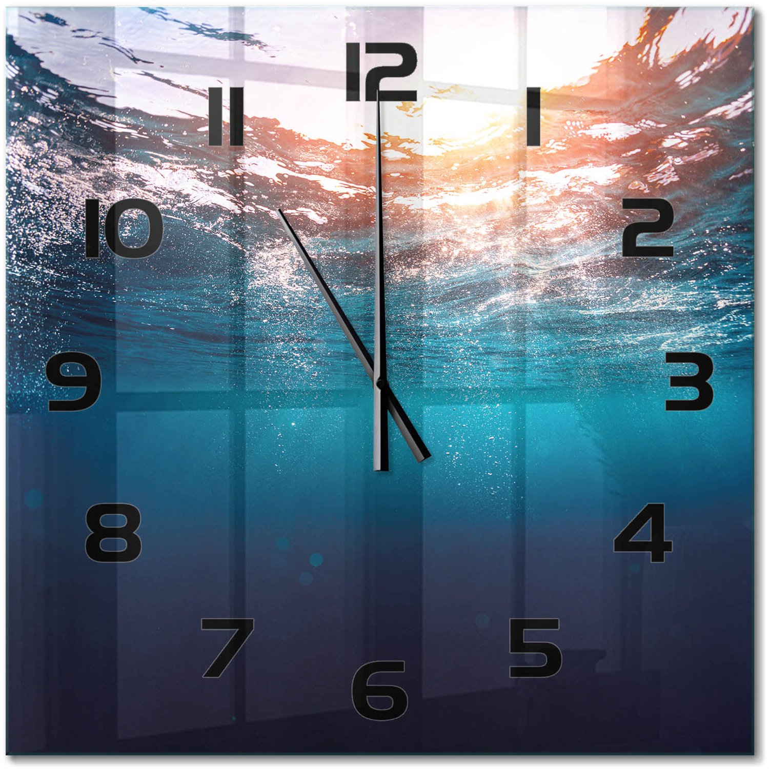 TULUP Wandklok - Onderwaterwereld Moderne Wandklok Glas - 60x60 cm - Blauw Wandklok Glas Decoratie - Zwarte handen - Vierkante Klok - Glazen Wandklok Design - Klok Glas Met Opdruk