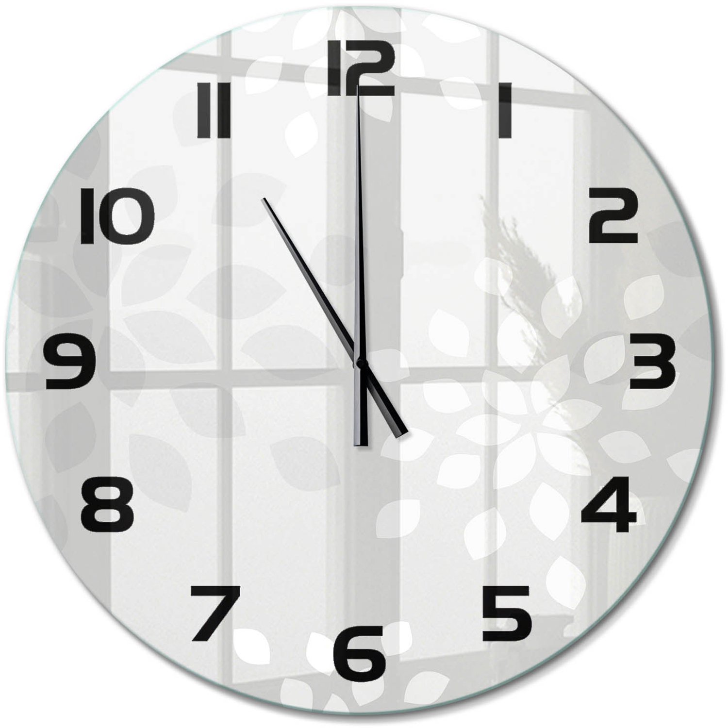 TULUP Wandklok - Bloemenpatroon Decoratieve Glazen Klok - fi60 cm - Grijs Glazen Wandklok Design - Zwarte handen - Ronde Klok - Glazen Klok Met Print - Wandklok Glas Met Motief