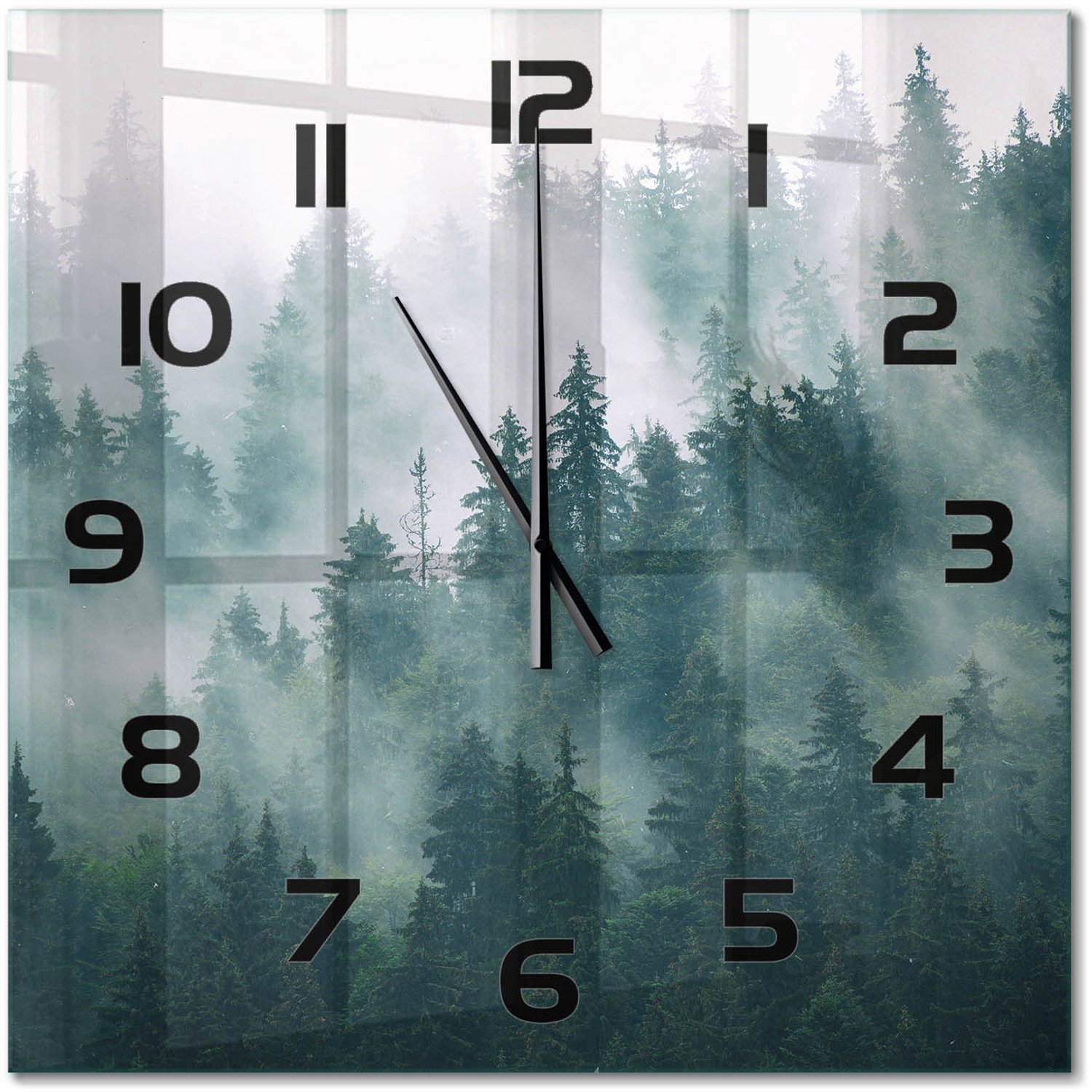 TULUP Wandklok - Mist boven het bos Klok Glas Met Opdruk - 60x60 cm - Grijs Moderne Wandklok Glas - Zwarte handen - Vierkante Klok - Decoratieve Glazen Klok - Glazen Wandklok Design