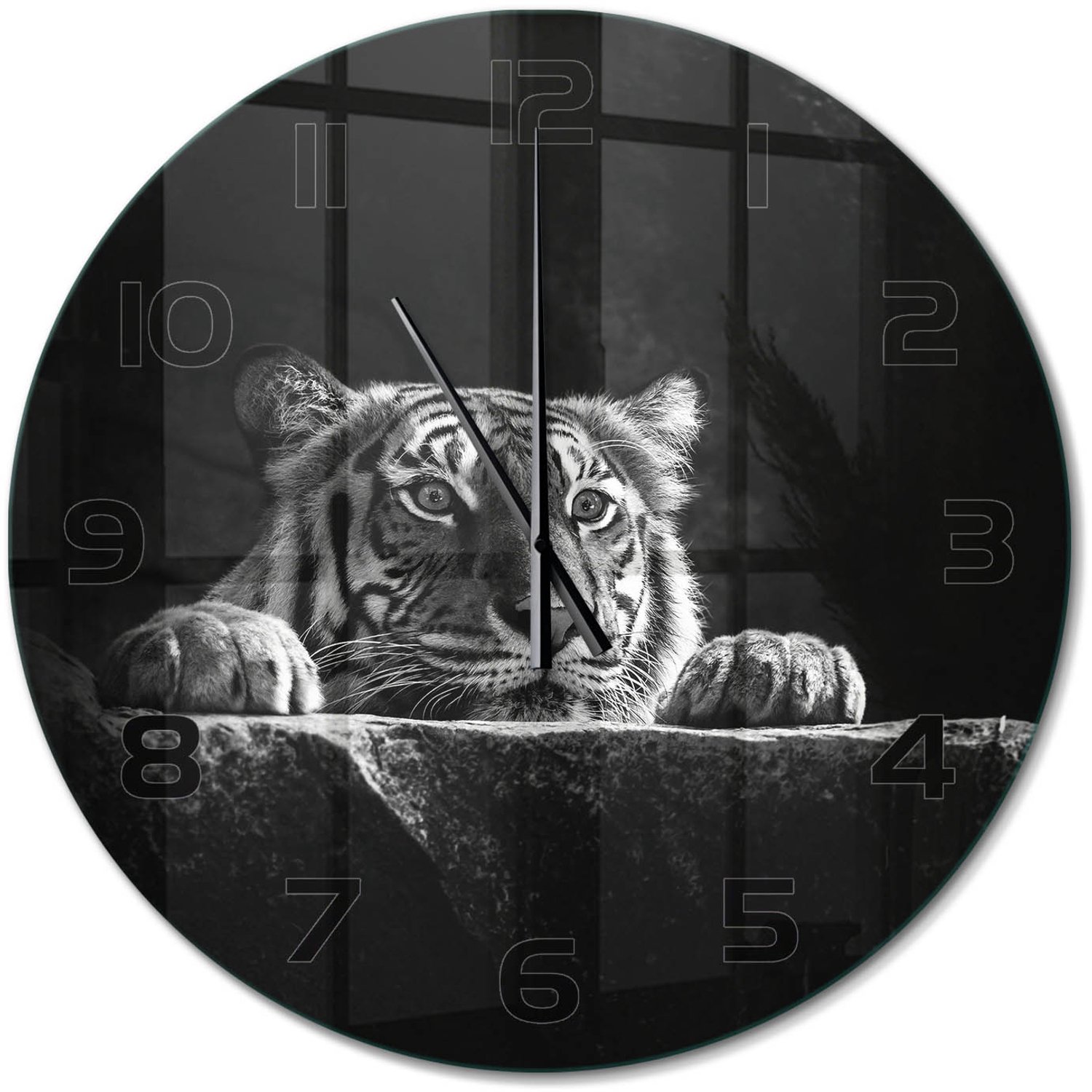 TULUP Wandklok - Tijger Decoratieve Glazen Klok - fi60 cm - Zwart-wit Glazen Wandklok Design - Zwarte handen - Ronde Klok - Glazen Klok Met Print - Wandklok Glas Met Motief