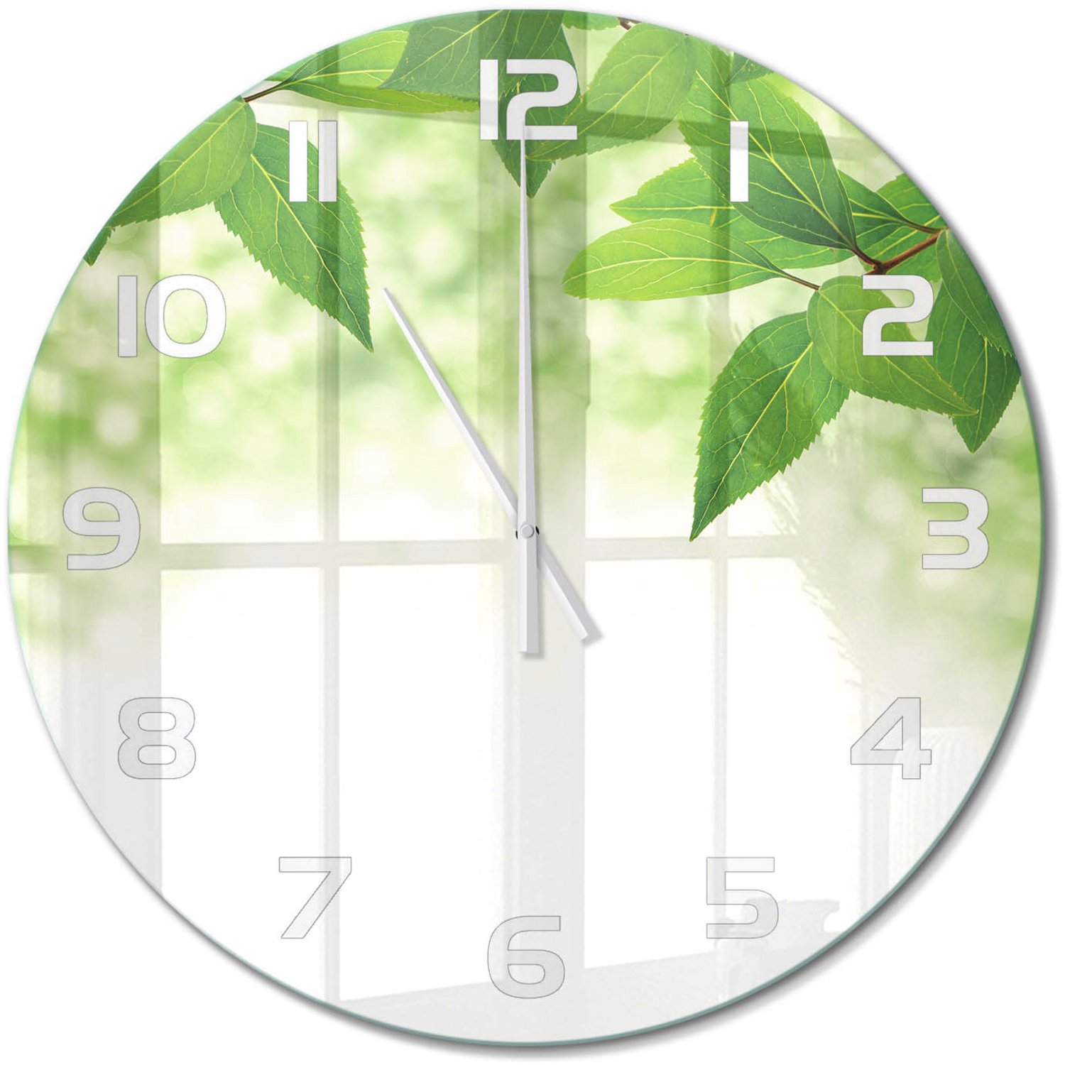 TULUP Wandklok - Groene bladeren Decoratieve Glazen Klok - fi60 cm - Groente Glazen Wandklok Design - Witte handen - Ronde Klok - Glazen Klok Met Print - Wandklok Glas Met Motief