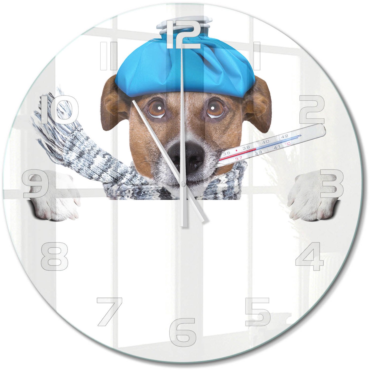 TULUP Wandklok - Zieke hond Glazen Klok Met Print - fi60 cm - Blauw Wandklok Glas Met Motief - Witte handen - Ronde Klok - Wandklok Glas Decoratie - Gekleurde Glazen Klok