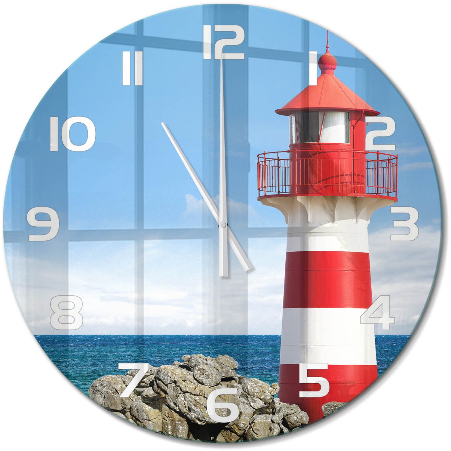 TULUP Wandklok - Vuurtoren Glazen Wandklok Design - fi60 cm - Rood Klok Glas Met Opdruk - Witte handen - Ronde Klok - Wandklok Glas Met Motief - Decoratieve Glazen Klok