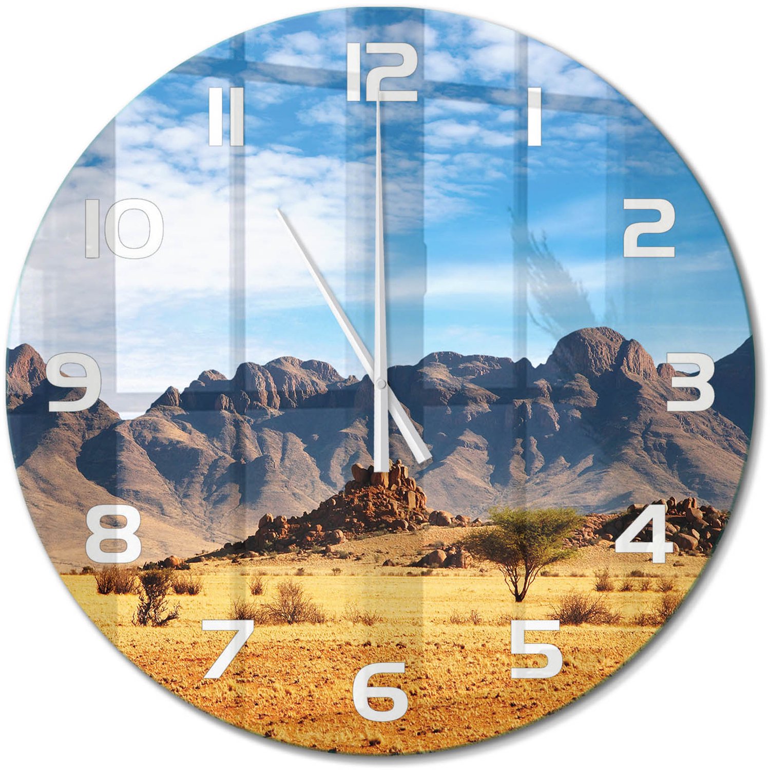 TULUP Wandklok - Rotsen in Namibië Decoratieve Glazen Klok - fi60 cm - Oranje Glazen Wandklok Design - Witte handen - Ronde Klok - Glazen Klok Met Print - Wandklok Glas Met Motief