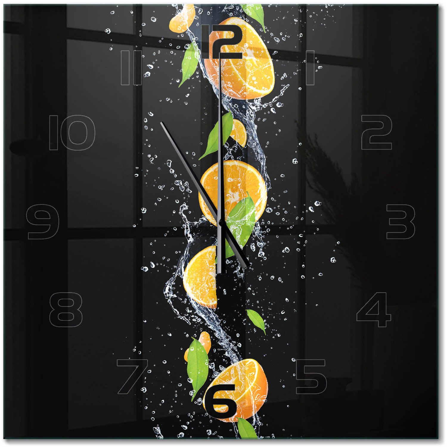 TULUP Wandklok - Sinaasappels en water Wandklok Glas Met Motief - 60x60 cm - Oranje Decoratieve Glazen Klok - Zwarte handen - Vierkante Klok - Gekleurde Glazen Klok - Glazen Klok Met Print