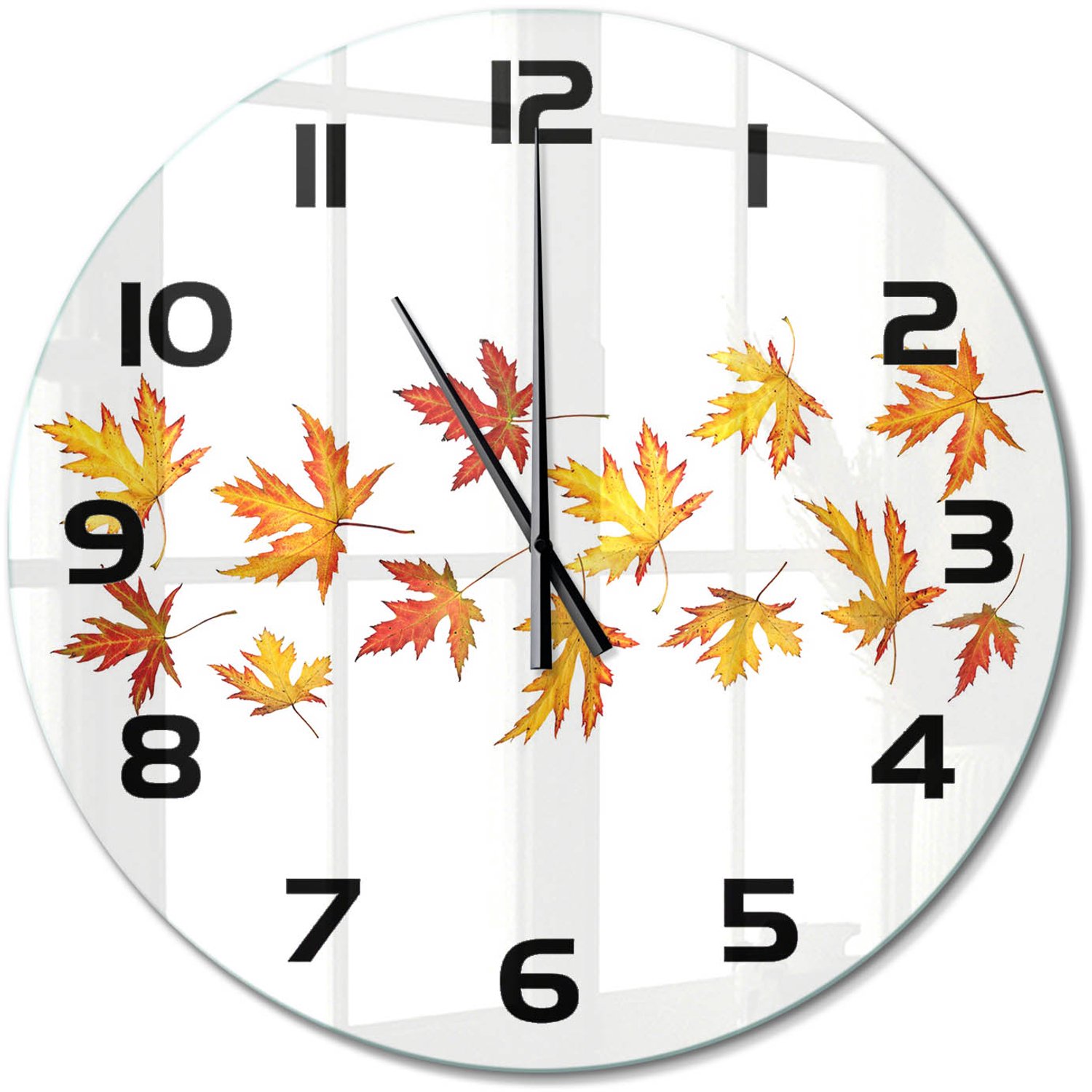 TULUP Wandklok - Herfstbladeren Gekleurde Glazen Klok - fi60 cm - Geel Glazen Klok Met Print - Zwarte handen - Ronde Klok - Moderne Wandklok Glas - Wandklok Glas Decoratie