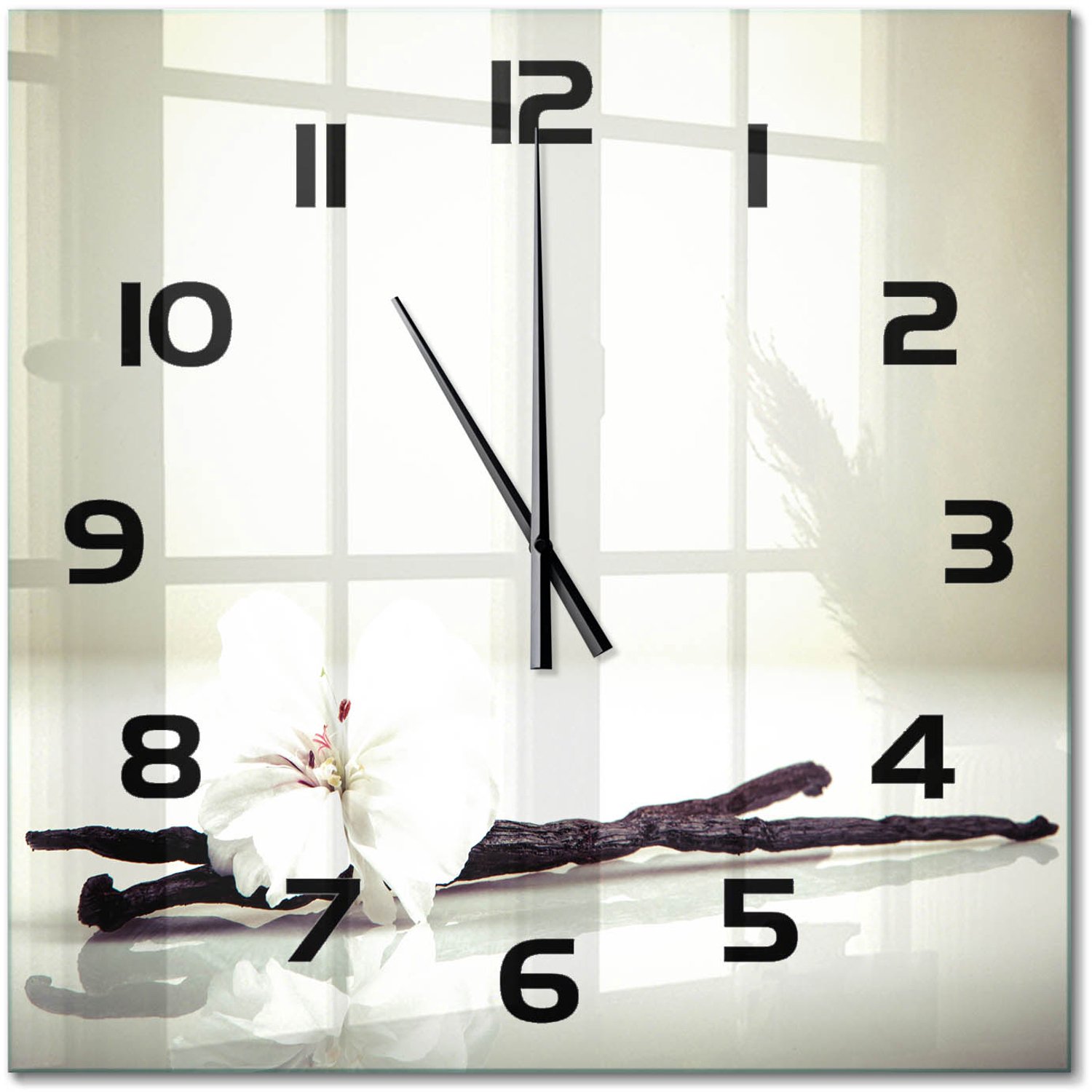 TULUP Wandklok - Vanilleboon Glazen Wandklok Design - 60x60 cm - Wit Klok Glas Met Opdruk - Zwarte handen - Vierkante Klok - Wandklok Glas Met Motief - Decoratieve Glazen Klok